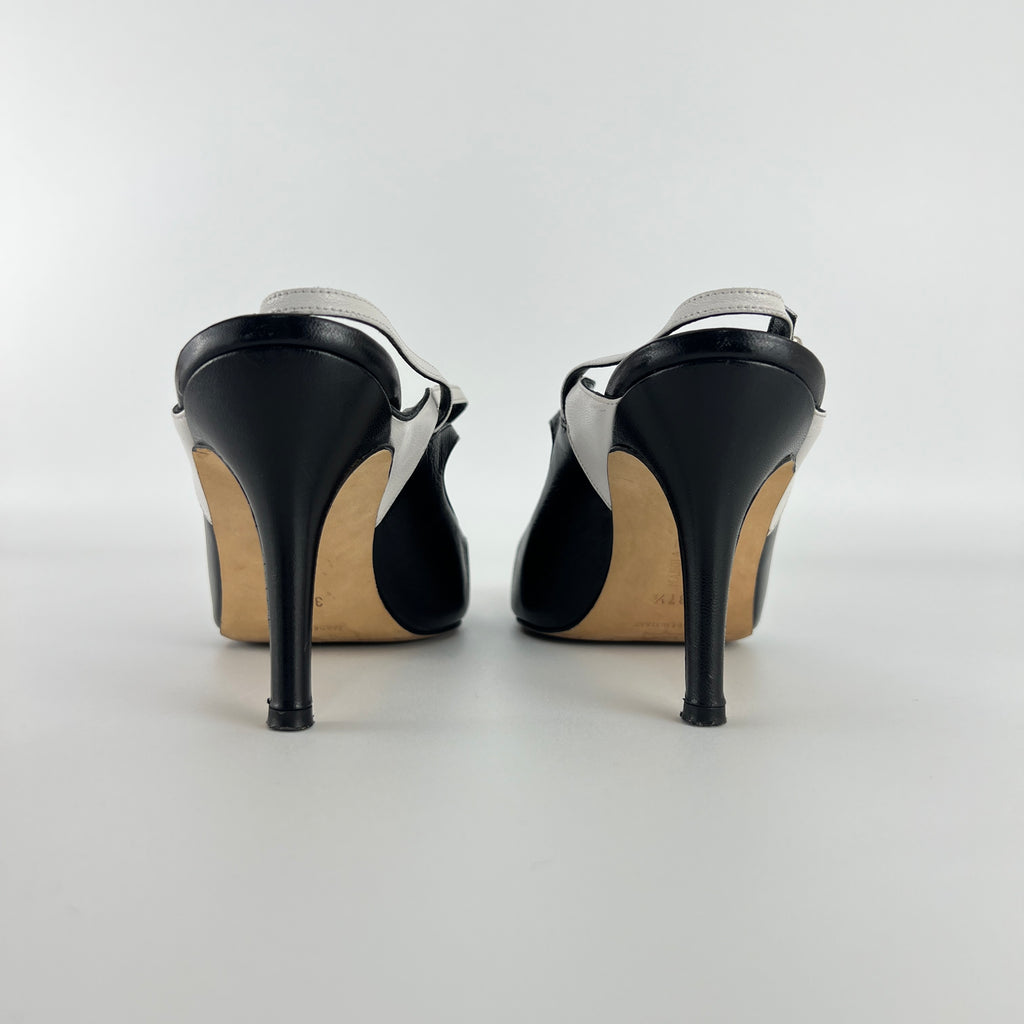 Manolo Blahnik | Black White Pointed Toe Strappy Open Back Heels (37.5)
