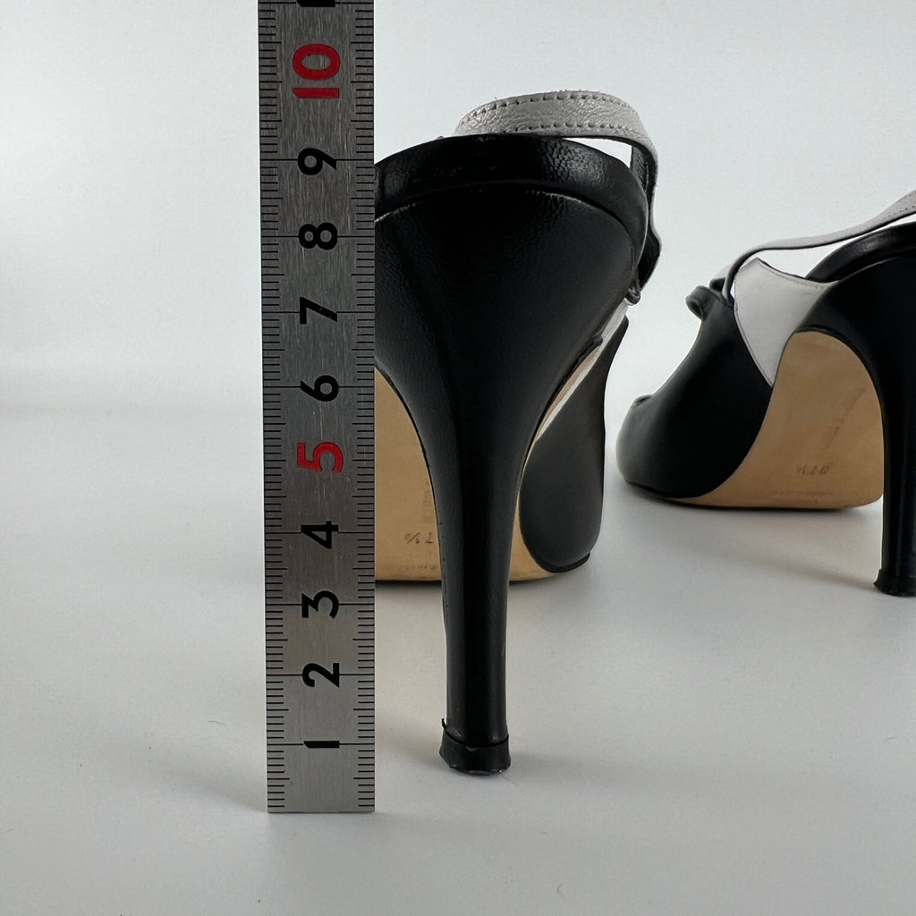 Manolo Blahnik | Black White Pointed Toe Strappy Open Back Heels (37.5)