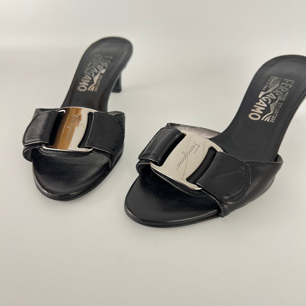 Ferragamo | Black Leather Silver Logo Buckle Slide Sandal Mules (5.5 , 35.5)