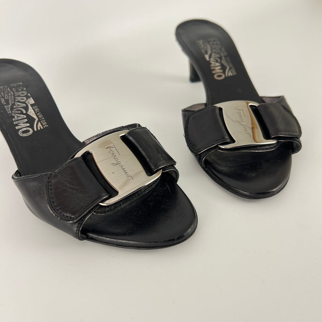 Ferragamo | Black Leather Silver Logo Buckle Slide Sandal Mules (5.5 , 35.5)