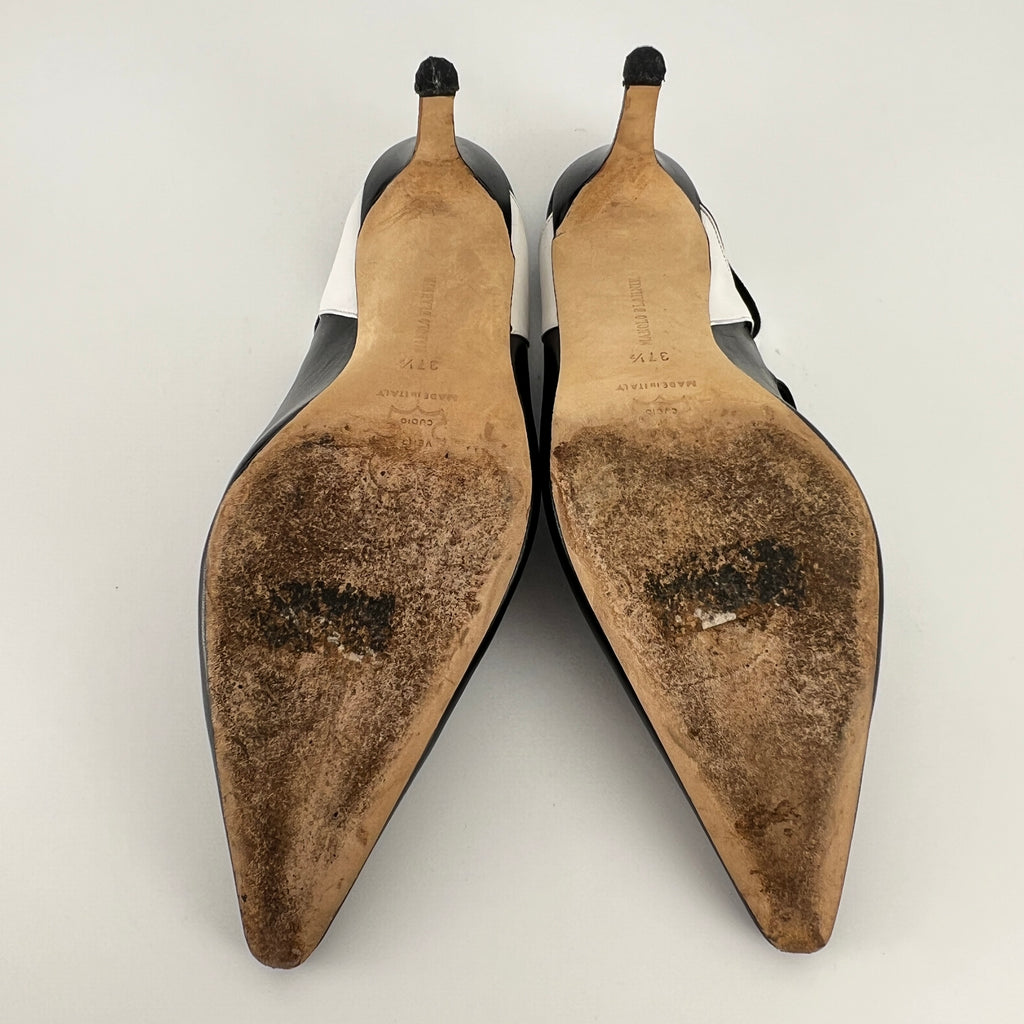 Manolo Blahnik | Black White Pointed Toe Strappy Open Back Heels (37.5)