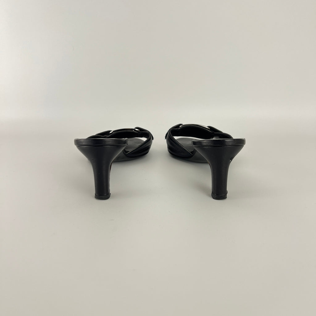 Ferragamo | Black Leather Silver Logo Buckle Slide Sandal Mules (5.5 , 35.5)