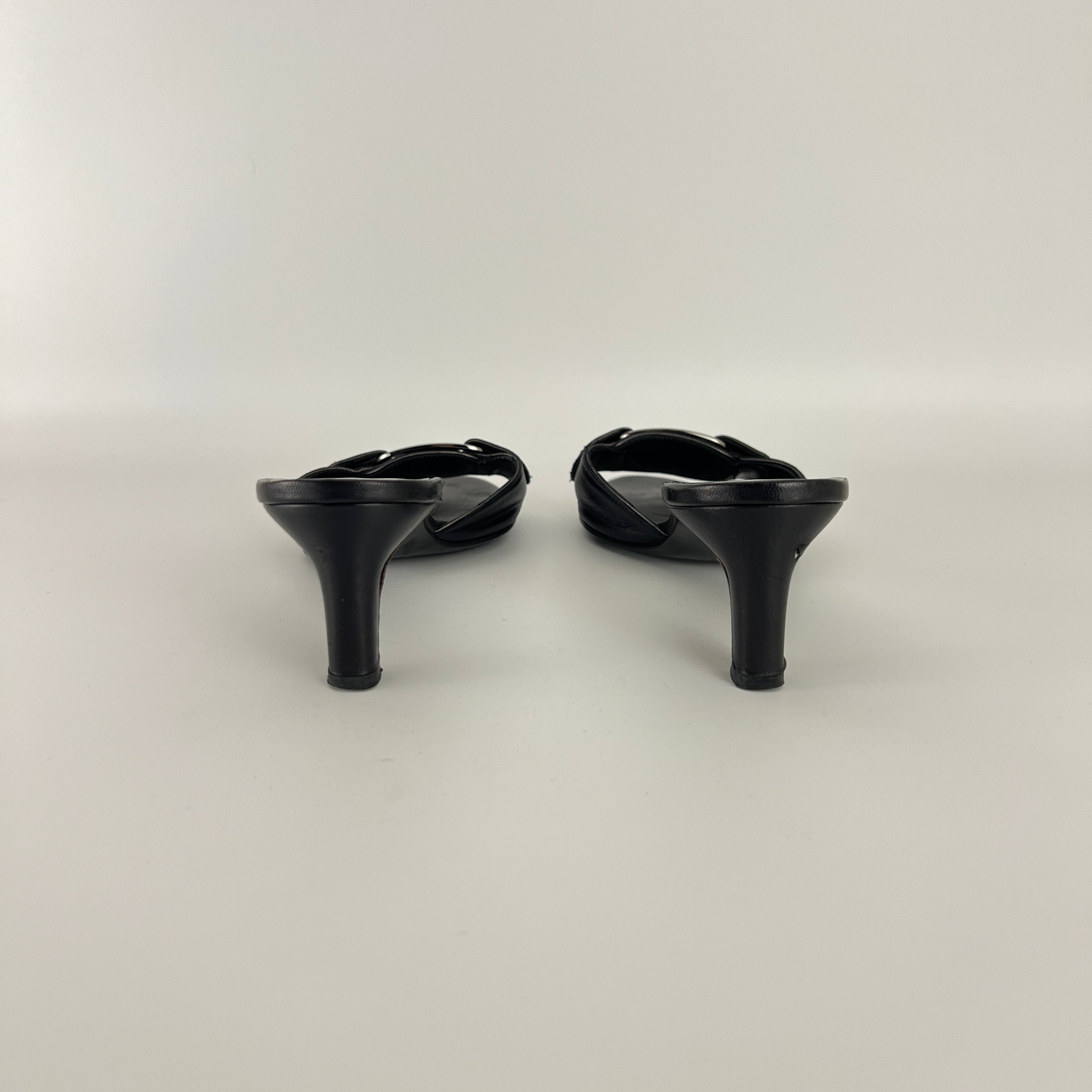 Ferragamo | Black Leather Silver Logo Buckle Slide Sandal Mules (5.5 , 35.5)