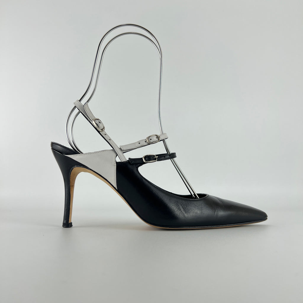 Manolo Blahnik | Black White Pointed Toe Strappy Open Back Heels (37.5)