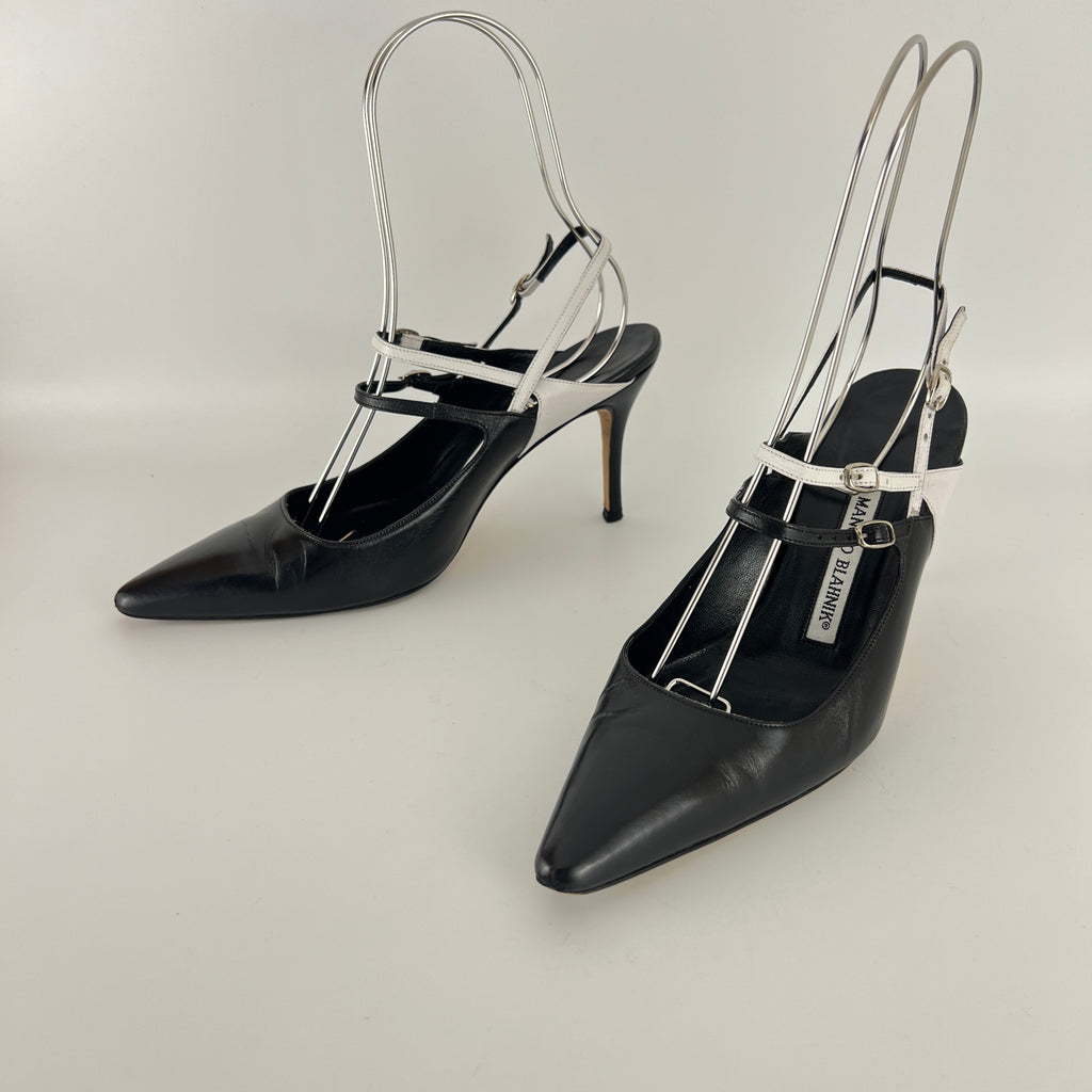 Manolo Blahnik | Black White Pointed Toe Strappy Open Back Heels (37.5)