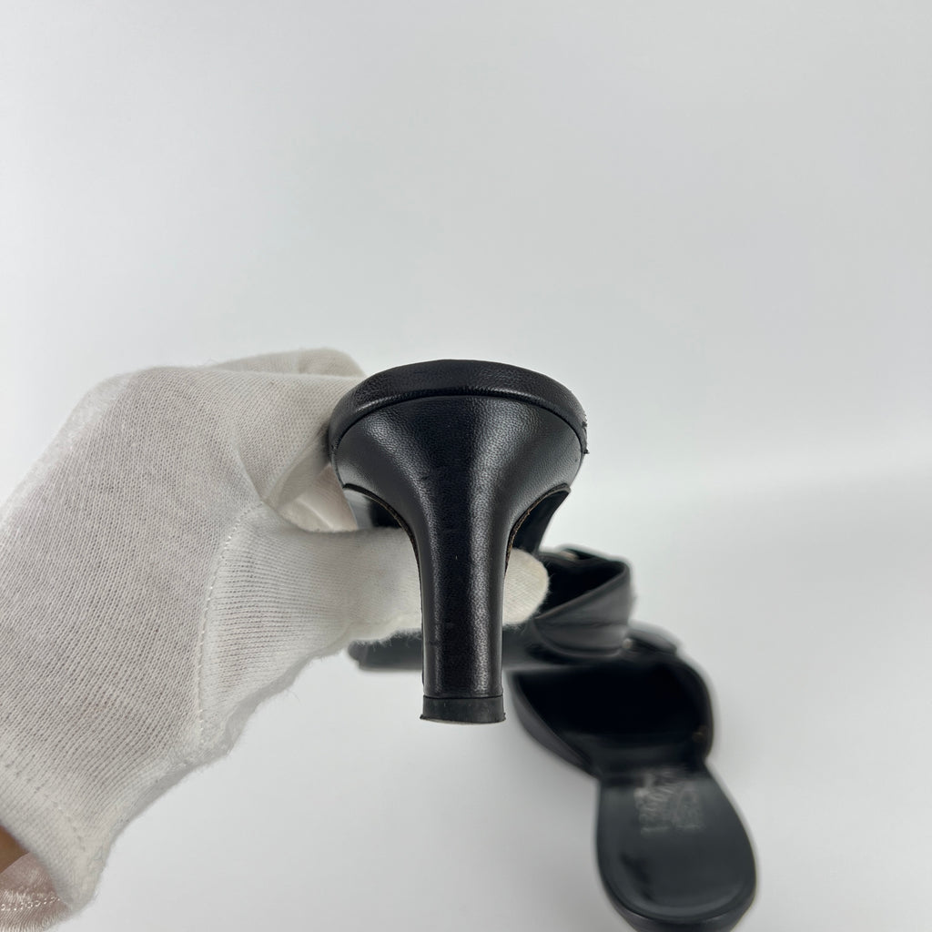 Ferragamo | Black Leather Silver Logo Buckle Slide Sandal Mules (5.5 , 35.5)