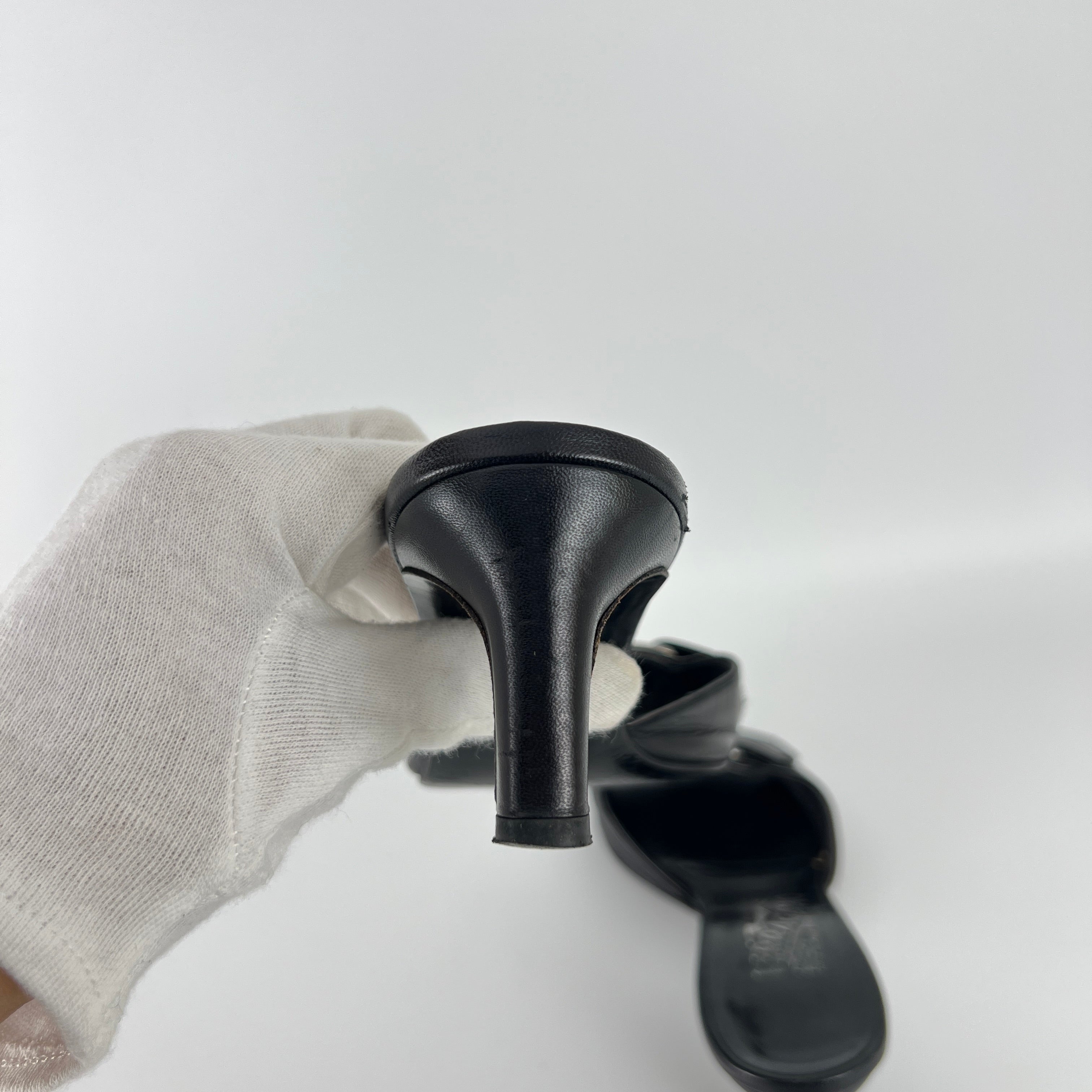 Ferragamo | Black Leather Silver Logo Buckle Slide Sandal Mules (5.5 , 35.5)