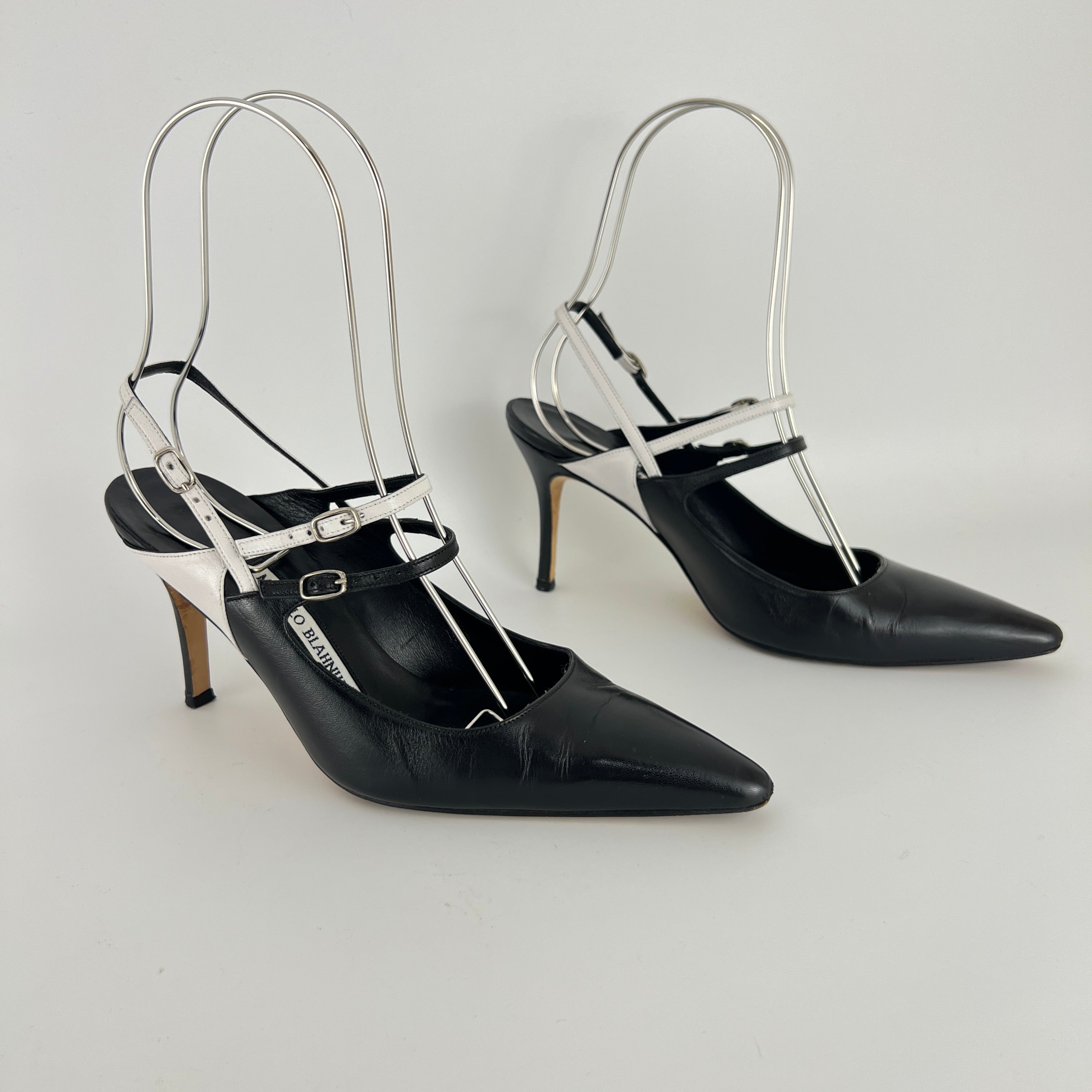 Manolo Blahnik | Black White Pointed Toe Strappy Open Back Heels (37.5)