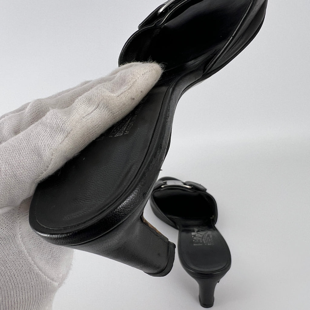 Ferragamo | Black Leather Silver Logo Buckle Slide Sandal Mules (5.5 , 35.5)