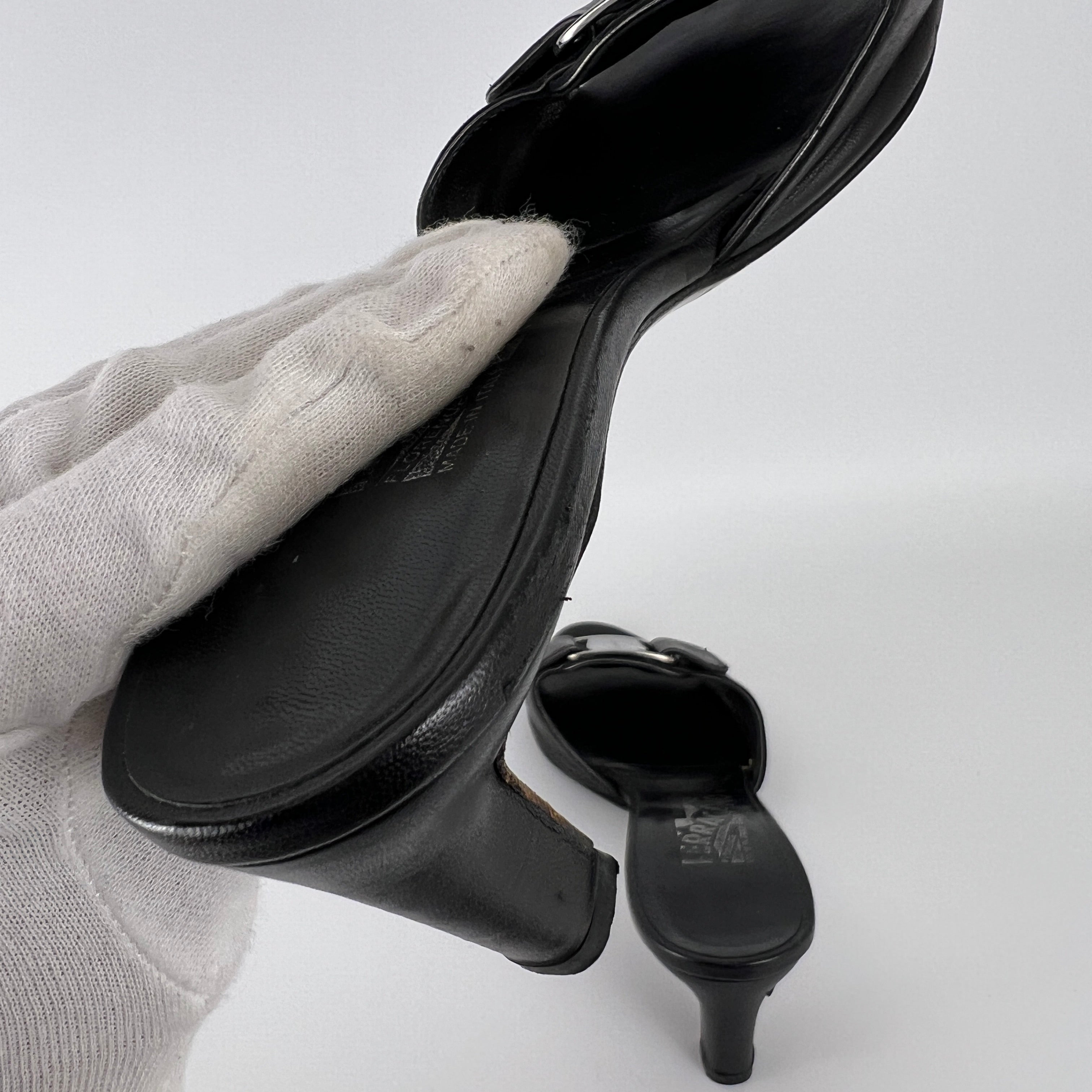 Ferragamo | Black Leather Silver Logo Buckle Slide Sandal Mules (5.5 , 35.5)