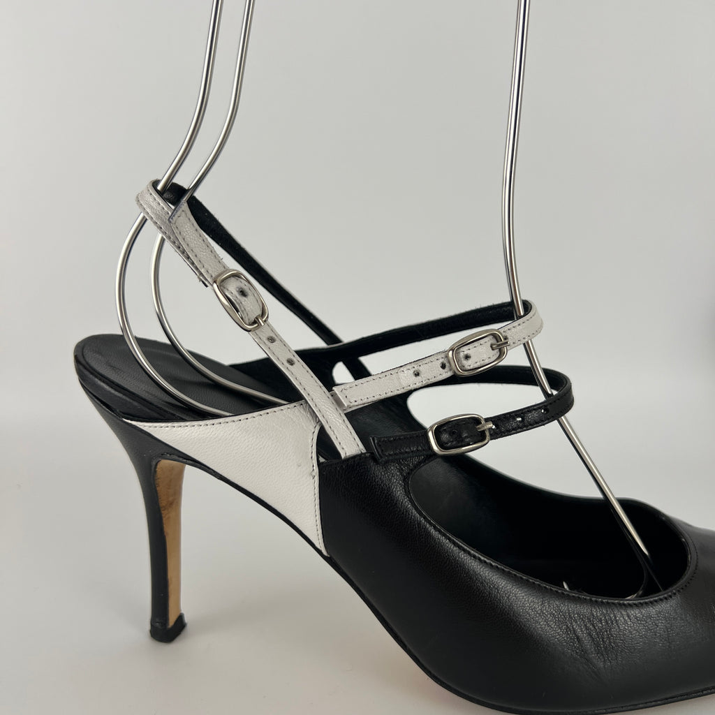 Manolo Blahnik | Black White Pointed Toe Strappy Open Back Heels (37.5)