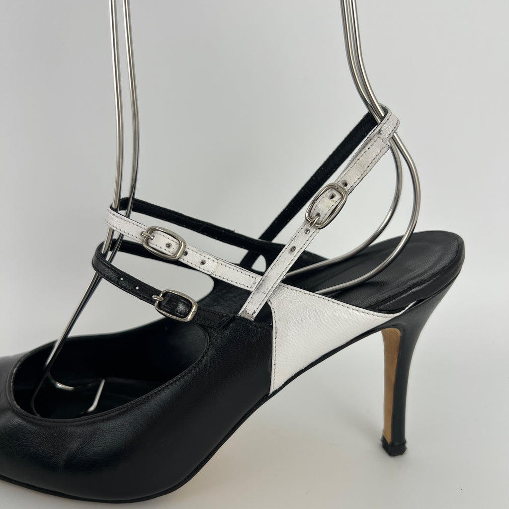 Manolo Blahnik | Black White Pointed Toe Strappy Open Back Heels (37.5)