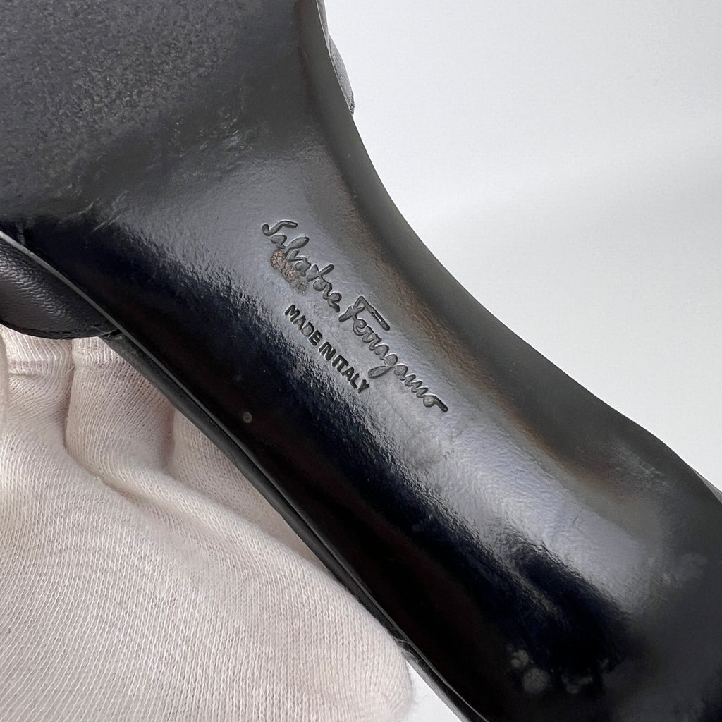Ferragamo | Black Leather Silver Logo Buckle Slide Sandal Mules (5.5 , 35.5)
