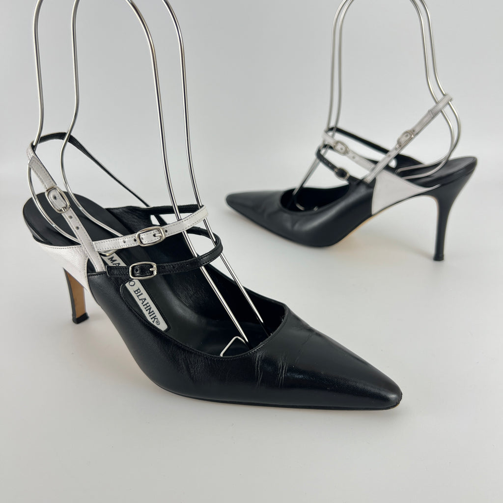 Manolo Blahnik | Black White Pointed Toe Strappy Open Back Heels (37.5)