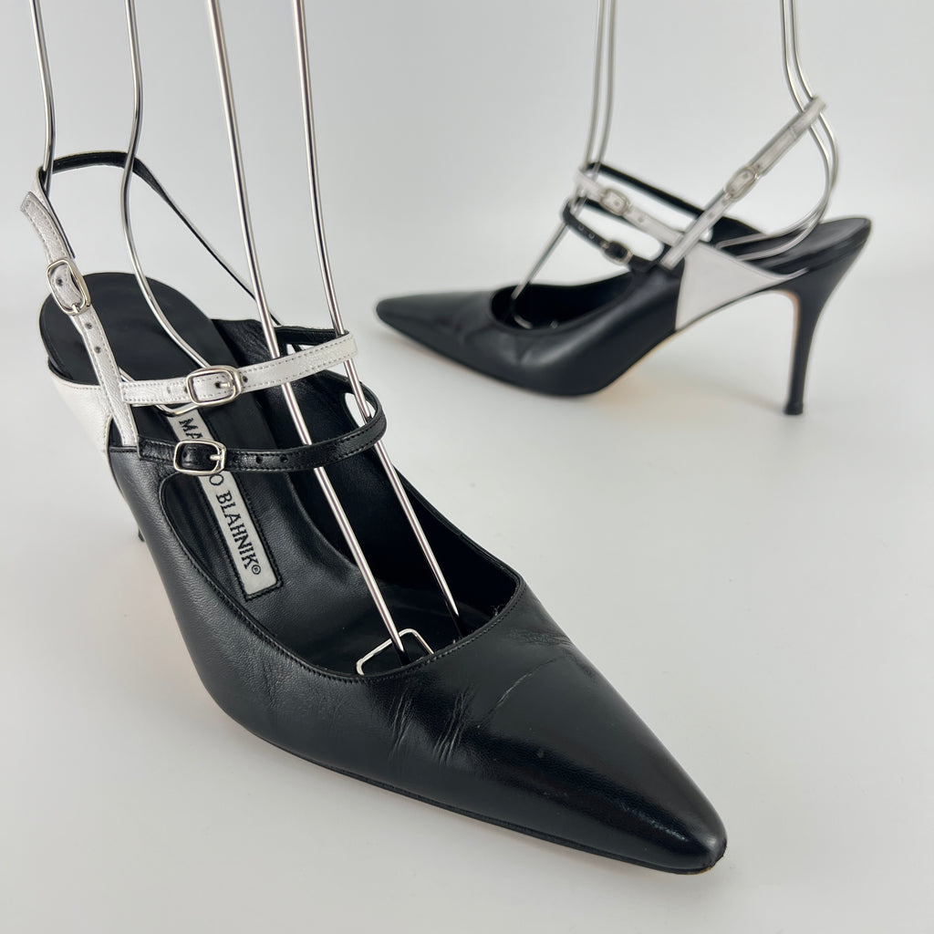 Manolo Blahnik | Black White Pointed Toe Strappy Open Back Heels (37.5)
