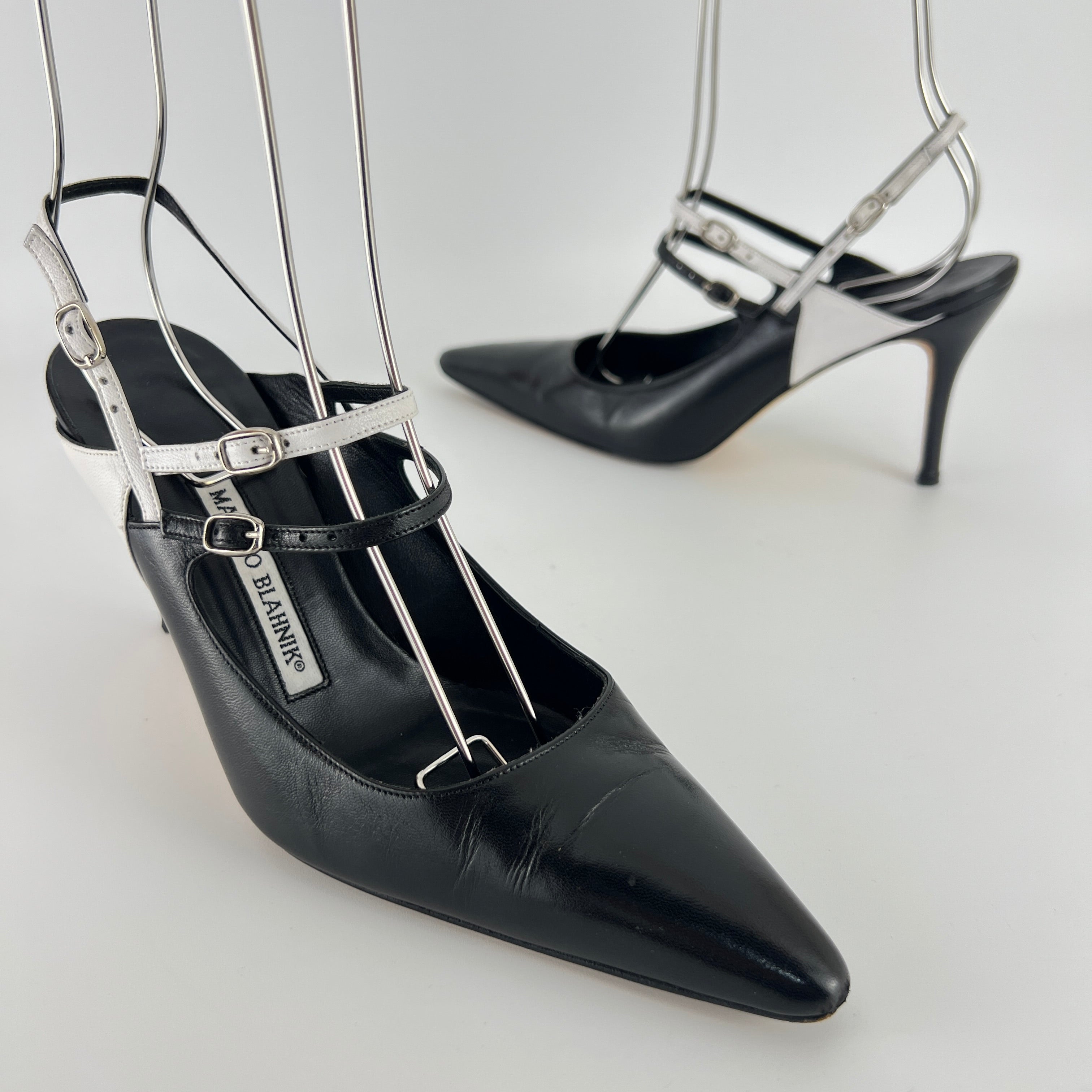 Manolo Blahnik | Black White Pointed Toe Strappy Open Back Heels (37.5)