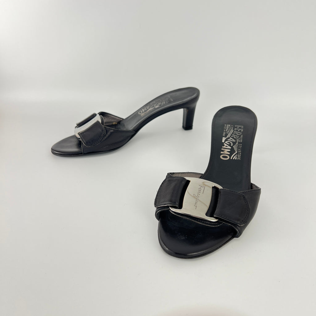 Ferragamo | Black Leather Silver Logo Buckle Slide Sandal Mules (5.5 , 35.5)