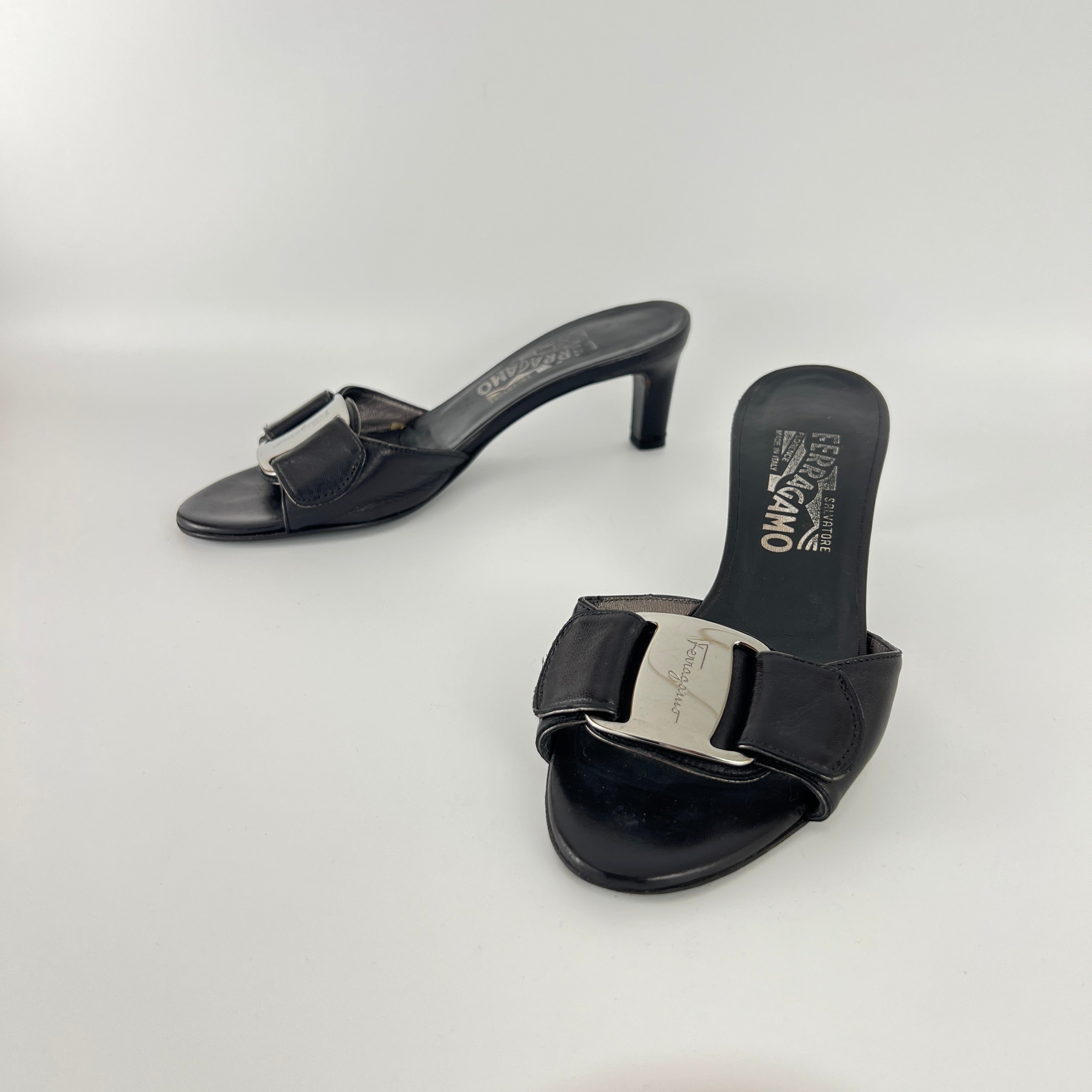 Ferragamo | Black Leather Silver Logo Buckle Slide Sandal Mules (5.5 , 35.5)