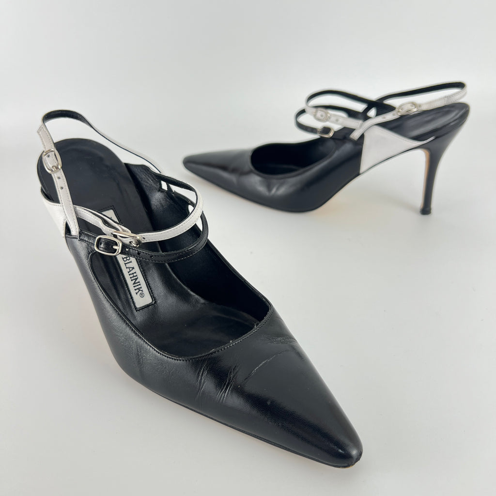 Manolo Blahnik | Black White Pointed Toe Strappy Open Back Heels (37.5)