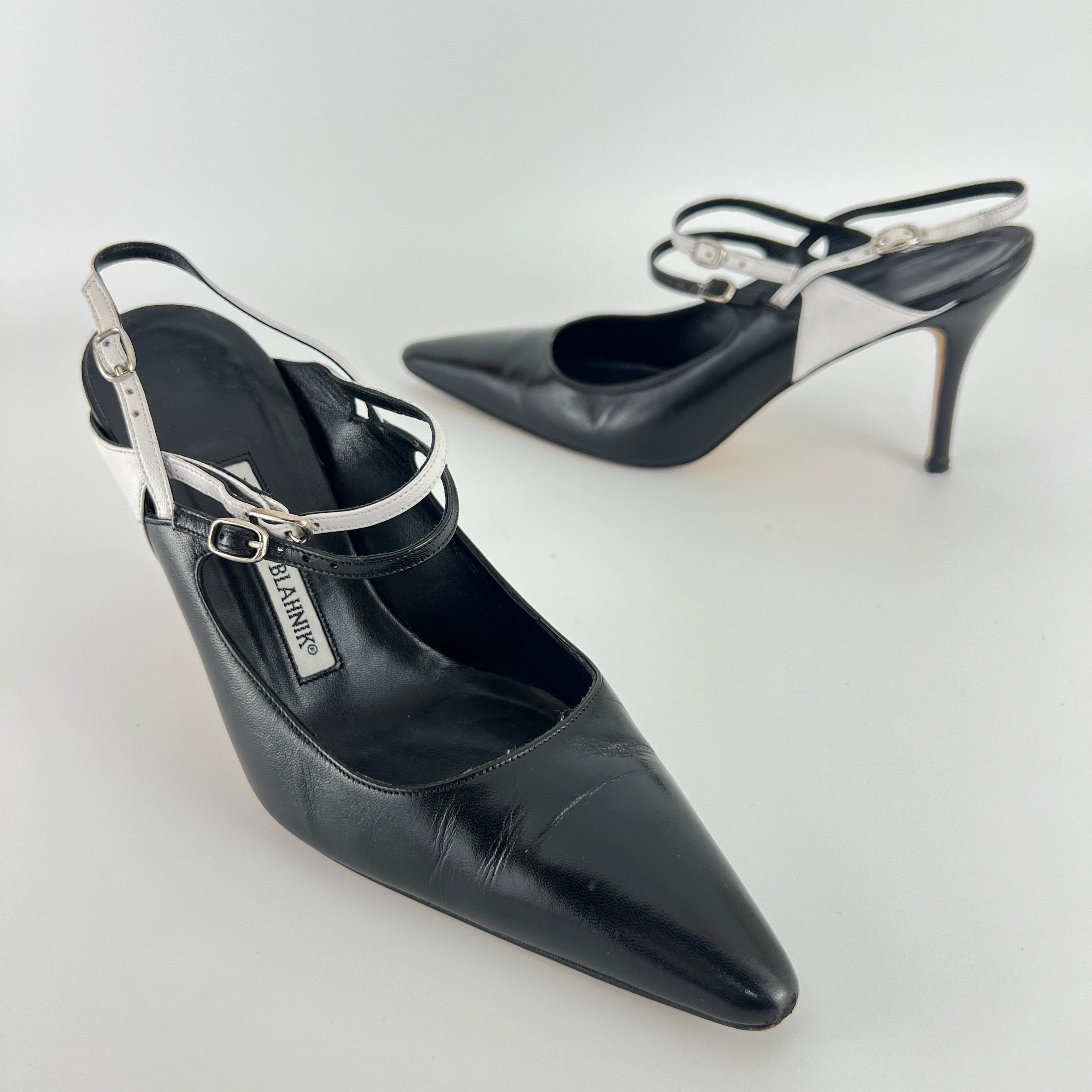 Manolo Blahnik | Black White Pointed Toe Strappy Open Back Heels (37.5)