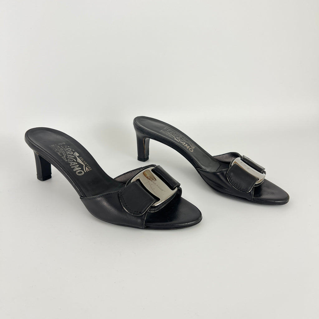 Ferragamo | Black Leather Silver Logo Buckle Slide Sandal Mules (5.5 , 35.5)