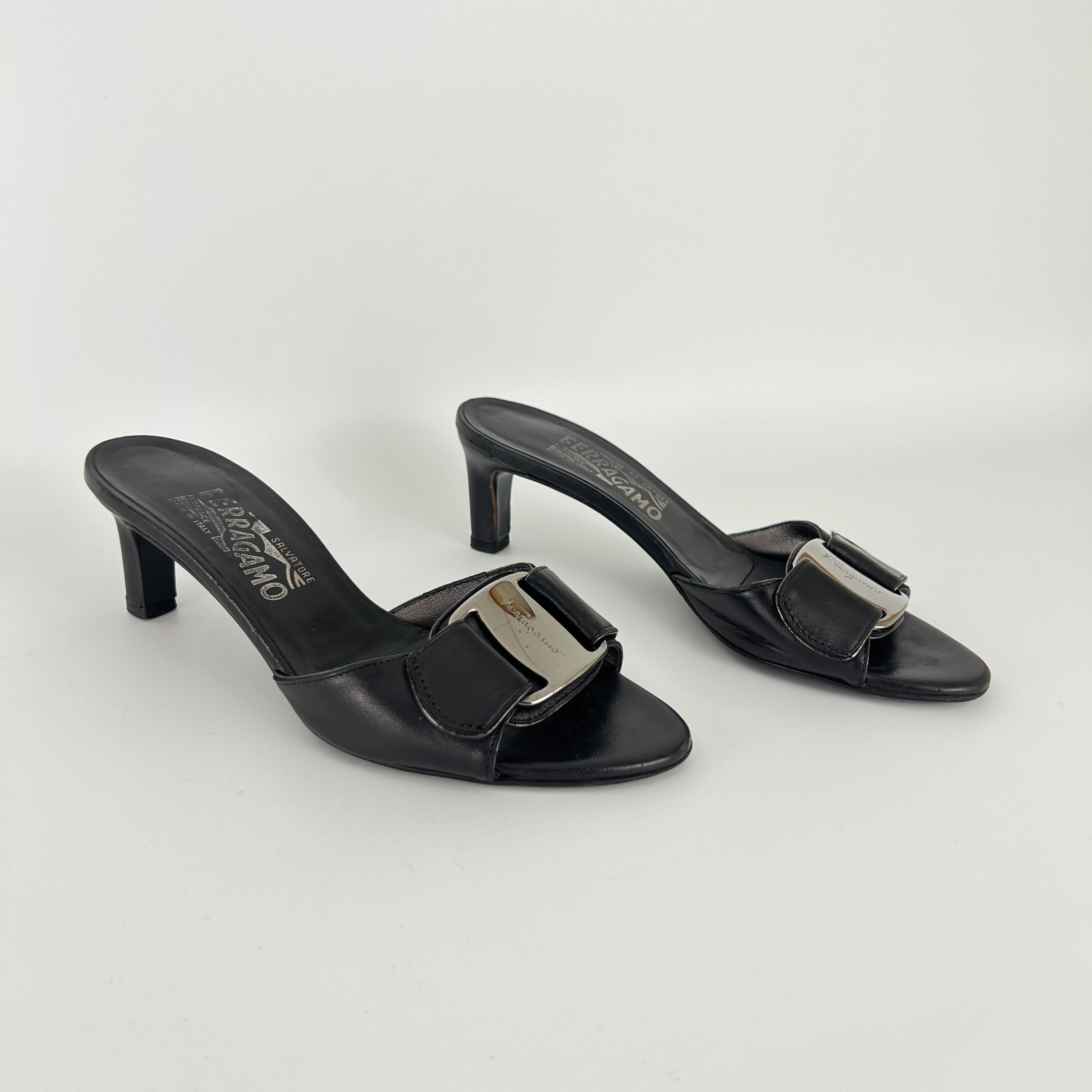 Ferragamo | Black Leather Silver Logo Buckle Slide Sandal Mules (5.5 , 35.5)