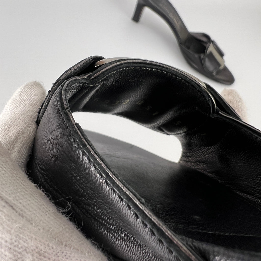 Ferragamo | Black Leather Silver Logo Buckle Slide Sandal Mules (5.5 , 35.5)