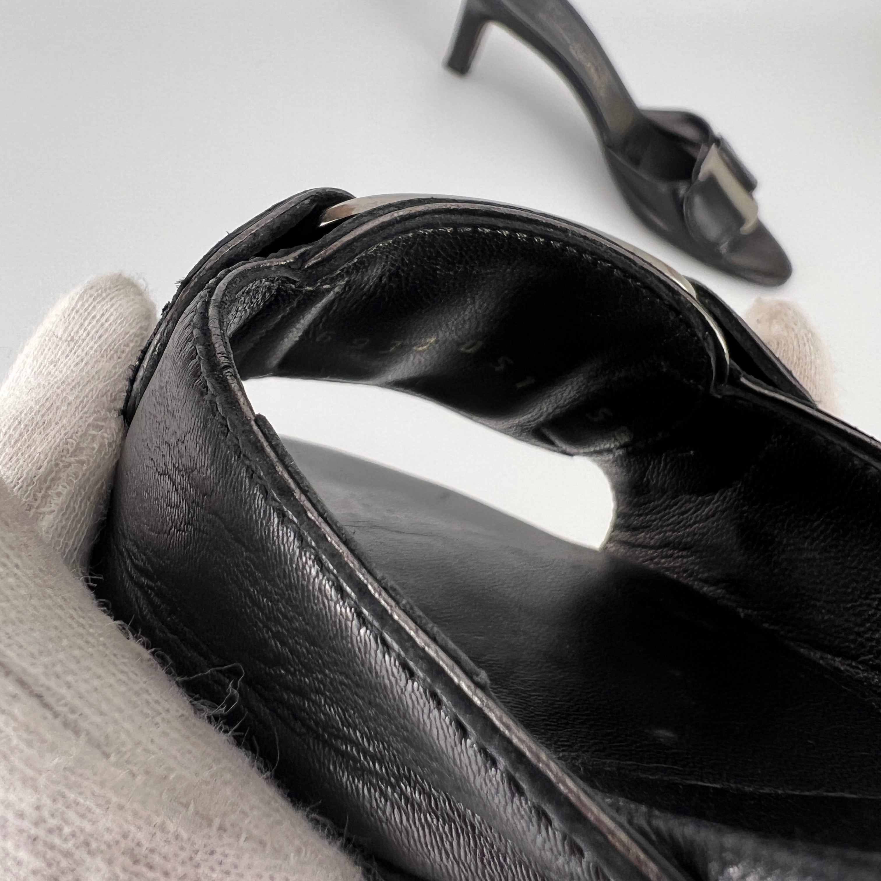 Ferragamo | Black Leather Silver Logo Buckle Slide Sandal Mules (5.5 , 35.5)