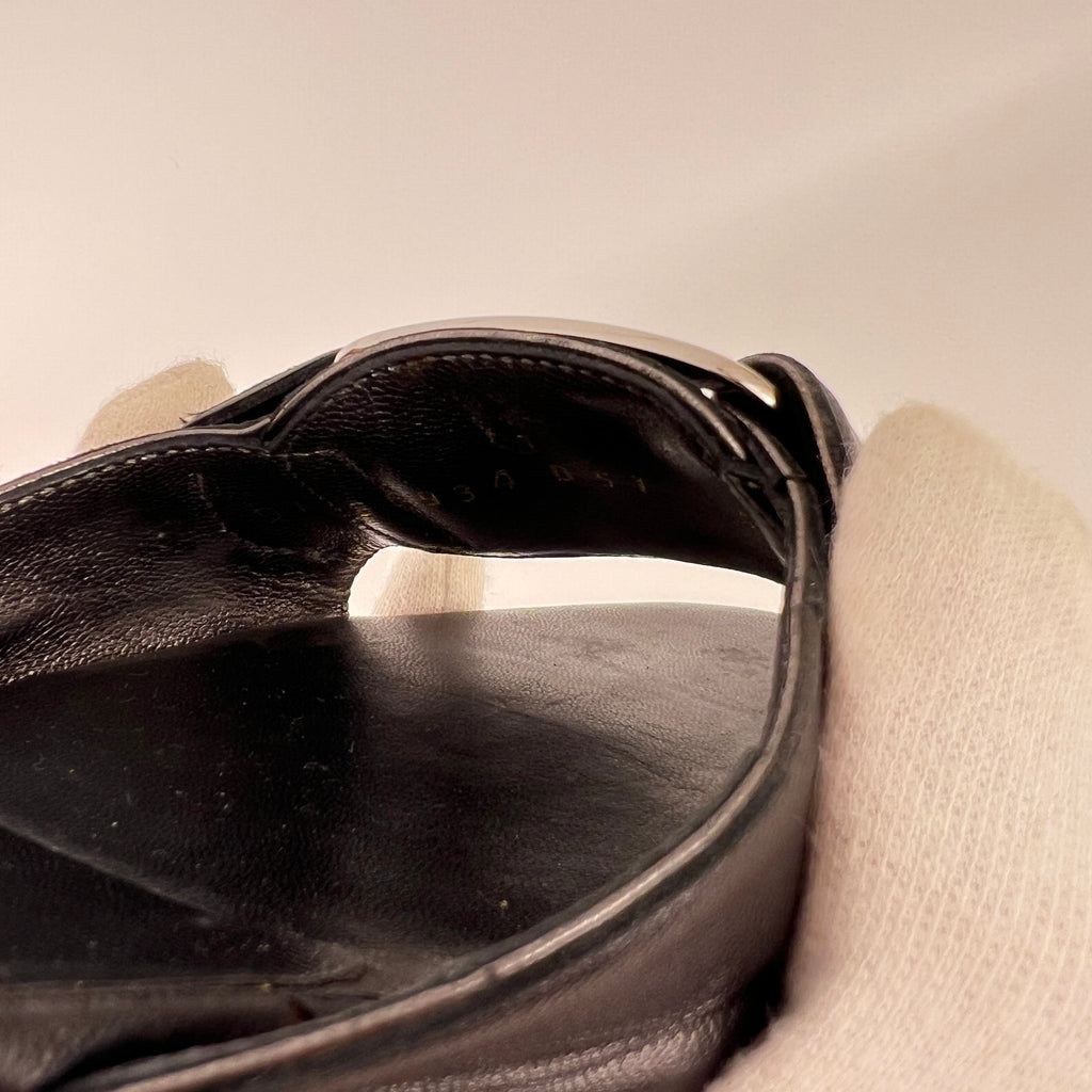 Ferragamo | Black Leather Silver Logo Buckle Slide Sandal Mules (5.5 , 35.5)