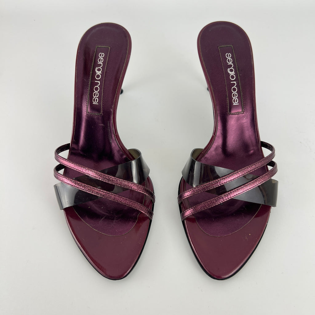 Sergio Rossi | Metallic Purple PVC Strap Silver Heel Mules (36)