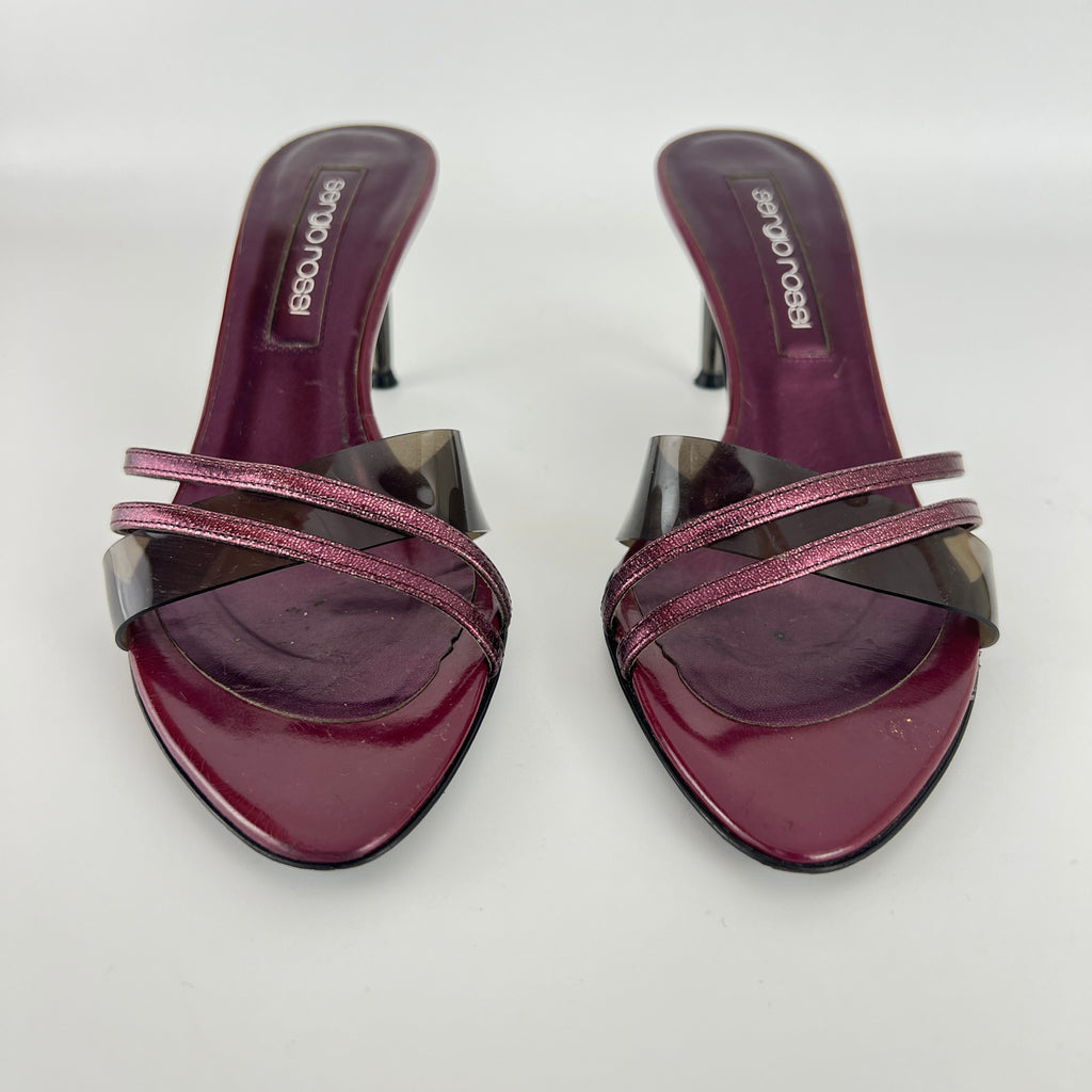 Sergio Rossi | Metallic Purple PVC Strap Silver Heel Mules (36)