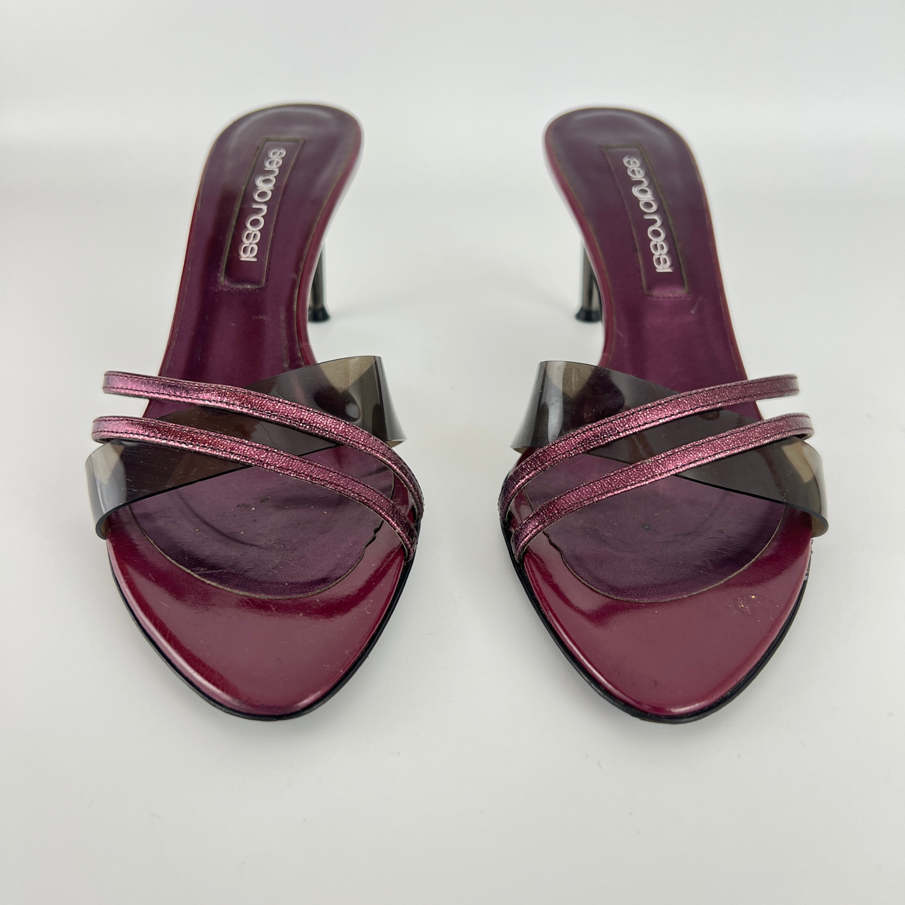 Sergio Rossi | Metallic Purple PVC Strap Silver Heel Mules (36)