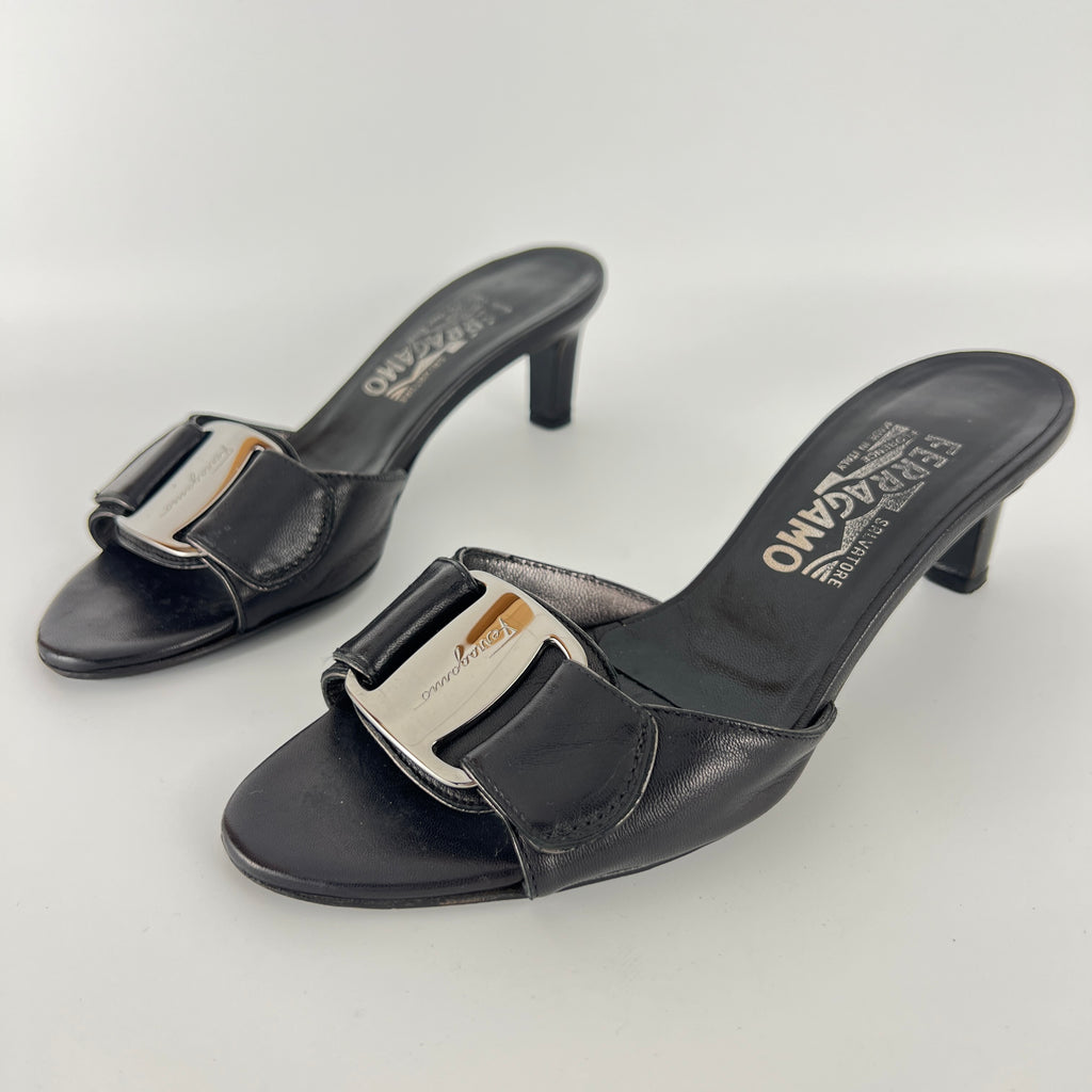 Ferragamo | Black Leather Silver Logo Buckle Slide Sandal Mules (5.5 , 35.5)