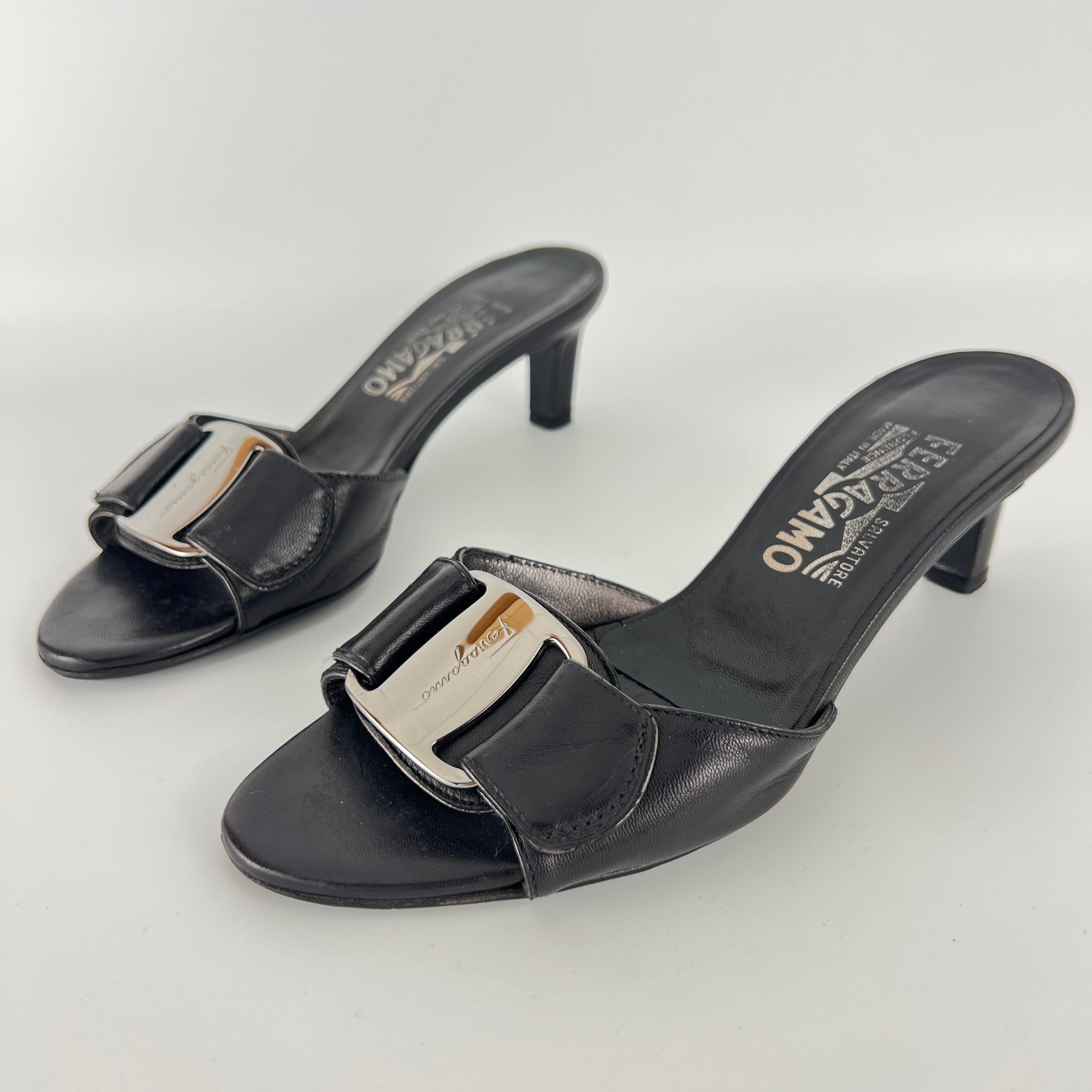 Ferragamo | Black Leather Silver Logo Buckle Slide Sandal Mules (5.5 , 35.5)