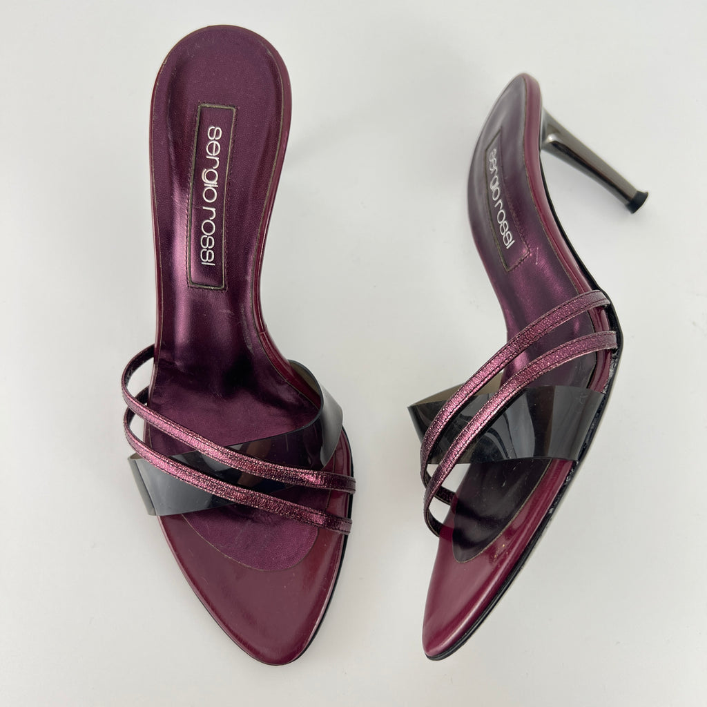 Sergio Rossi | Metallic Purple PVC Strap Silver Heel Mules (36)