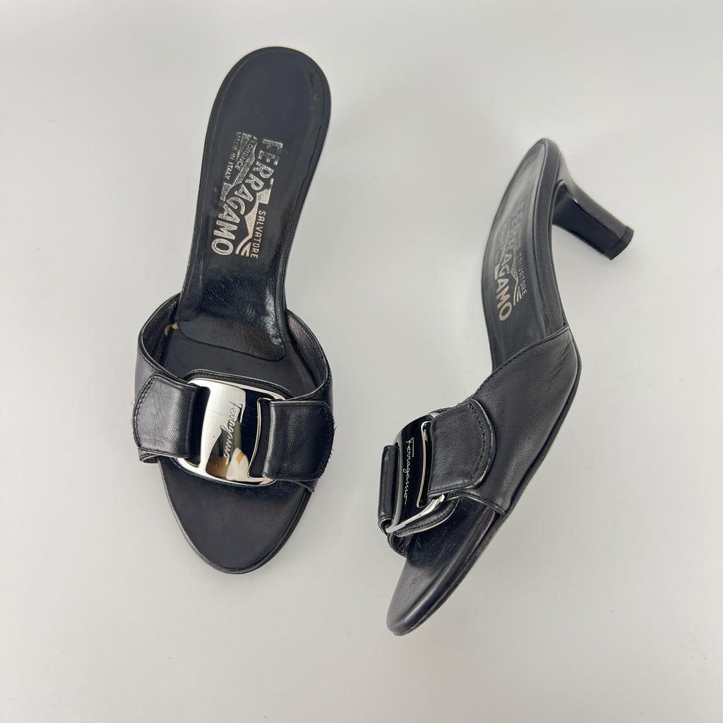 Ferragamo | Black Leather Silver Logo Buckle Slide Sandal Mules (5.5 , 35.5)