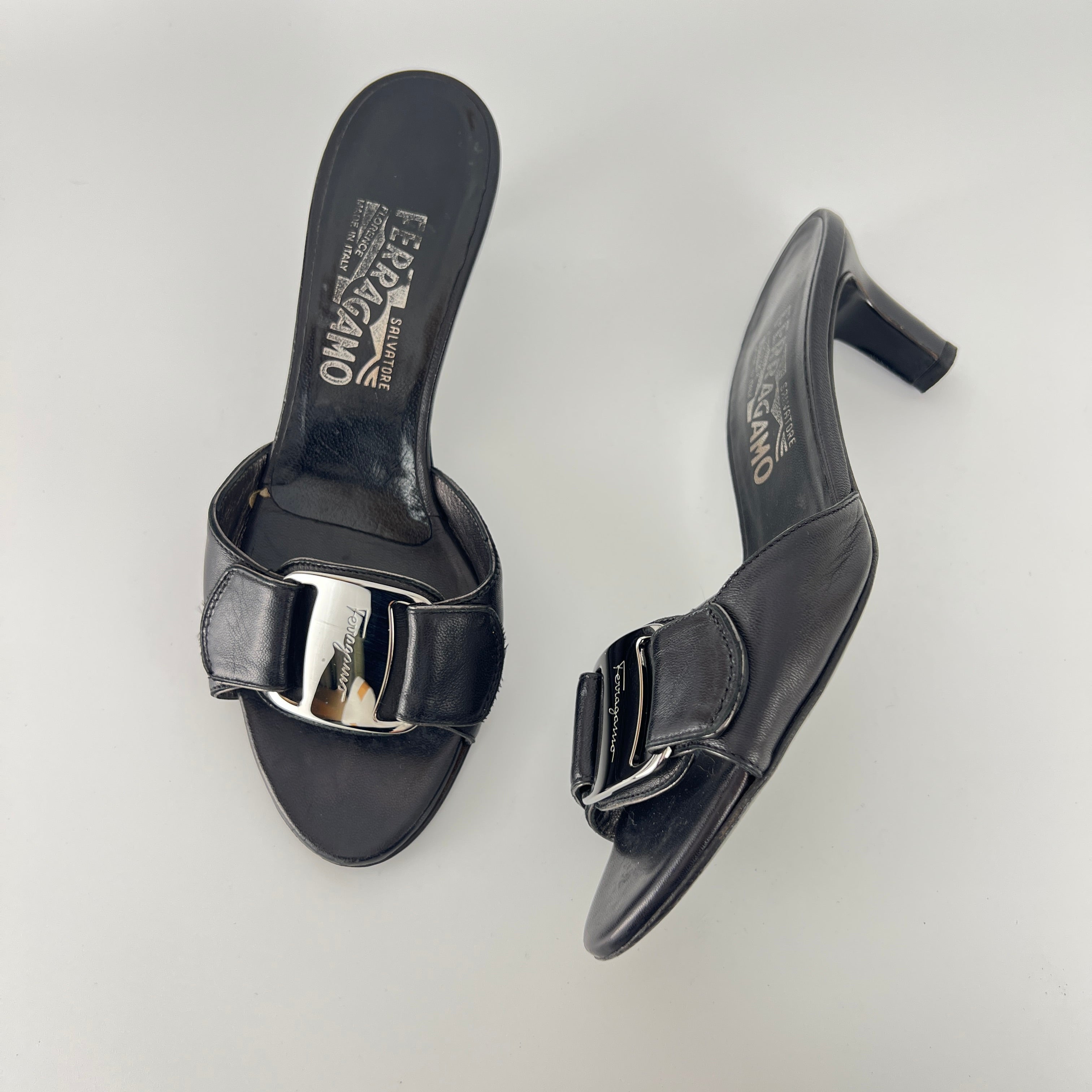 Ferragamo | Black Leather Silver Logo Buckle Slide Sandal Mules (5.5 , 35.5)