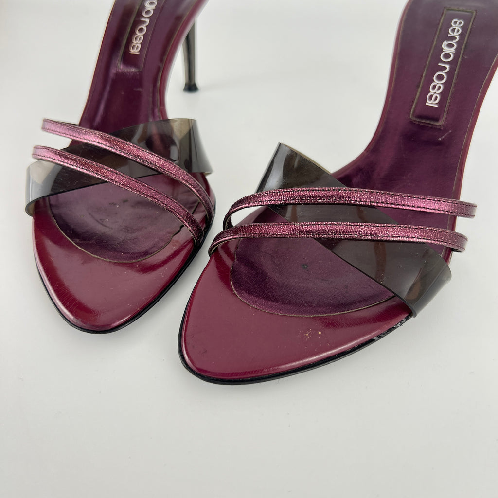 Sergio Rossi | Metallic Purple PVC Strap Silver Heel Mules (36)