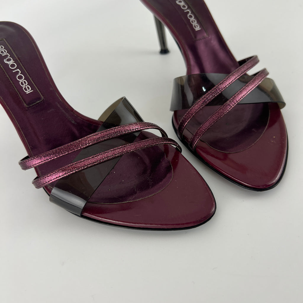 Sergio Rossi | Metallic Purple PVC Strap Silver Heel Mules (36)