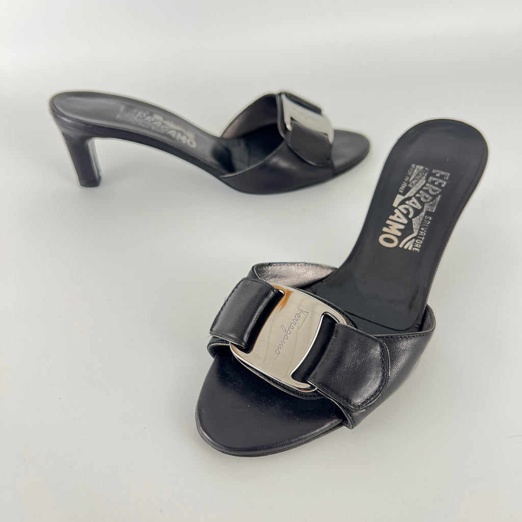 Ferragamo | Black Leather Silver Logo Buckle Slide Sandal Mules (5.5 , 35.5)