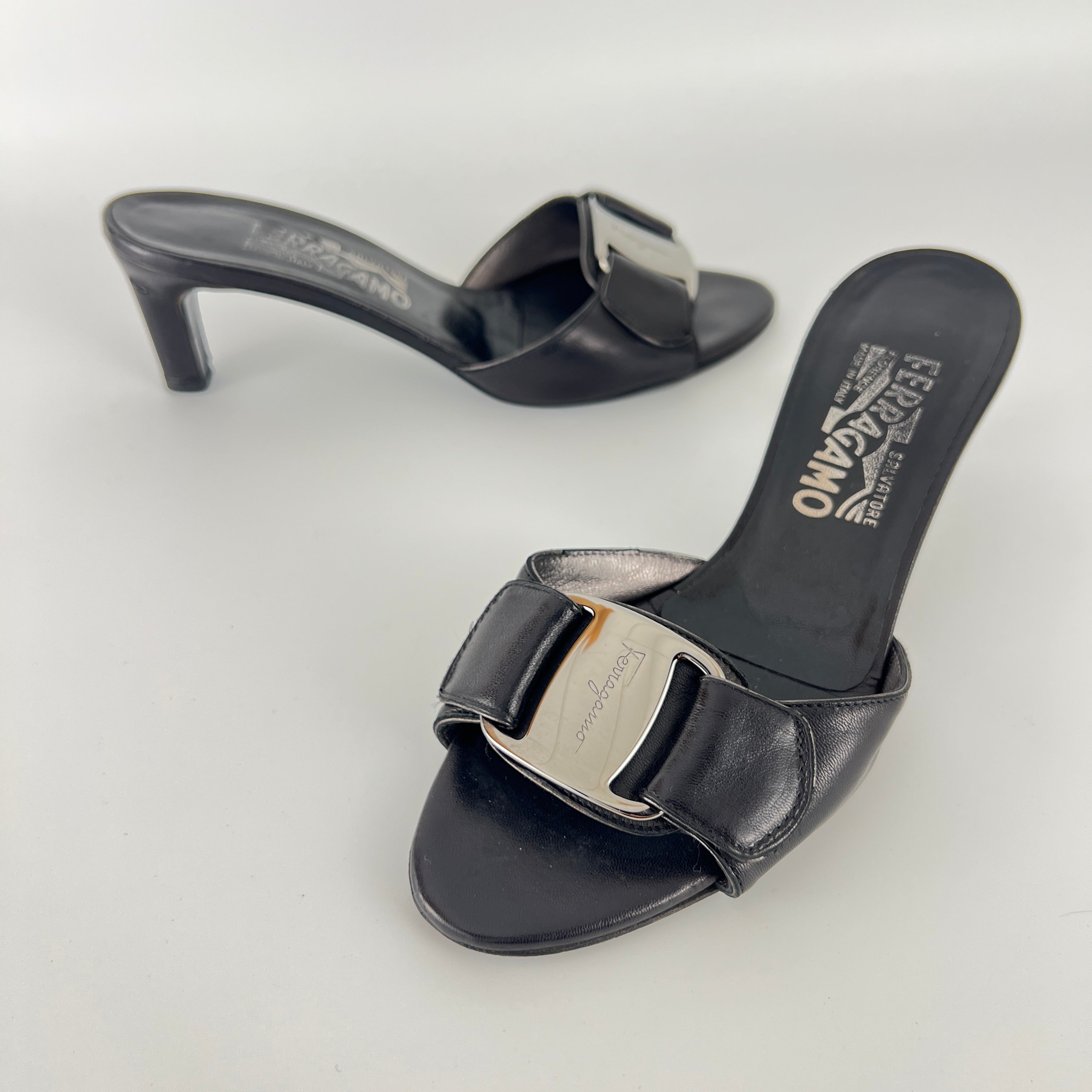 Ferragamo | Black Leather Silver Logo Buckle Slide Sandal Mules (5.5 , 35.5)