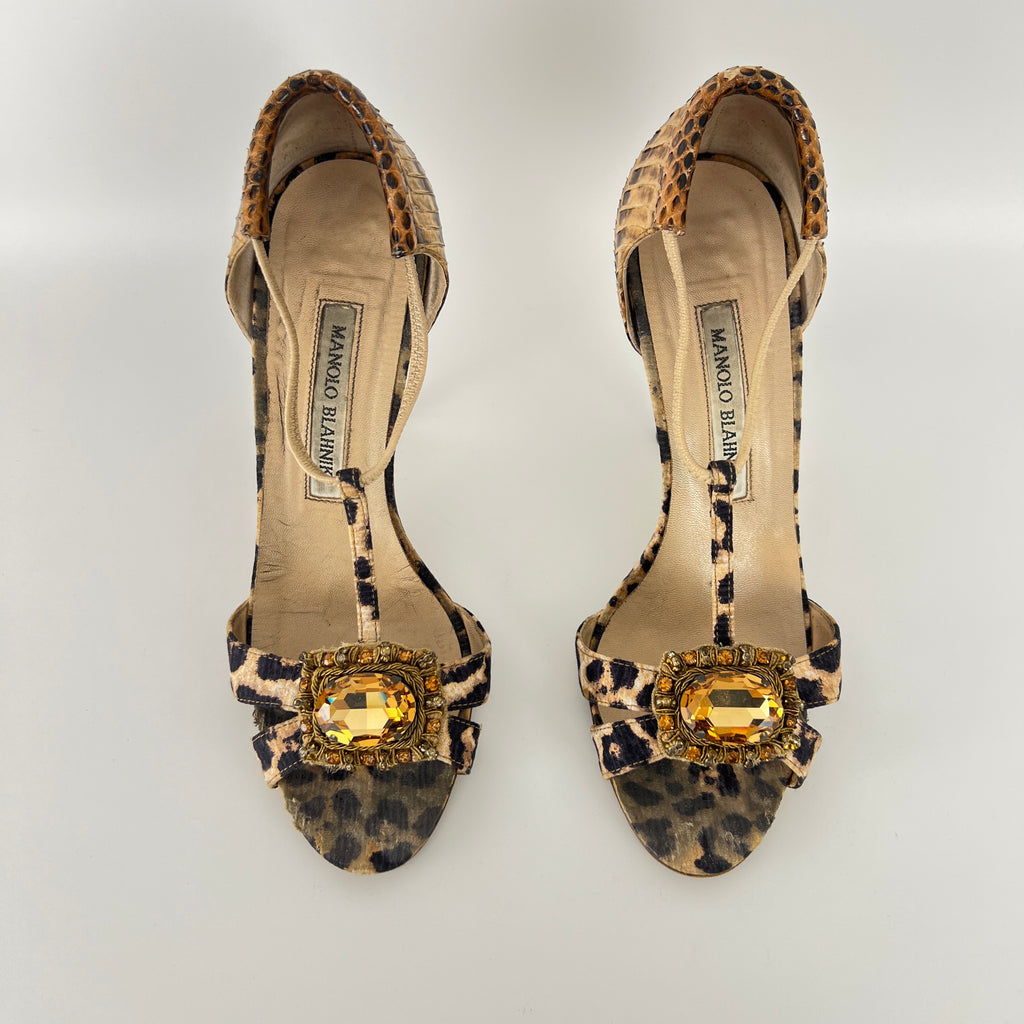 Manolo Blahnik | Drina Leopard Print Snake Leather Gold Jewel Heels (36.5)