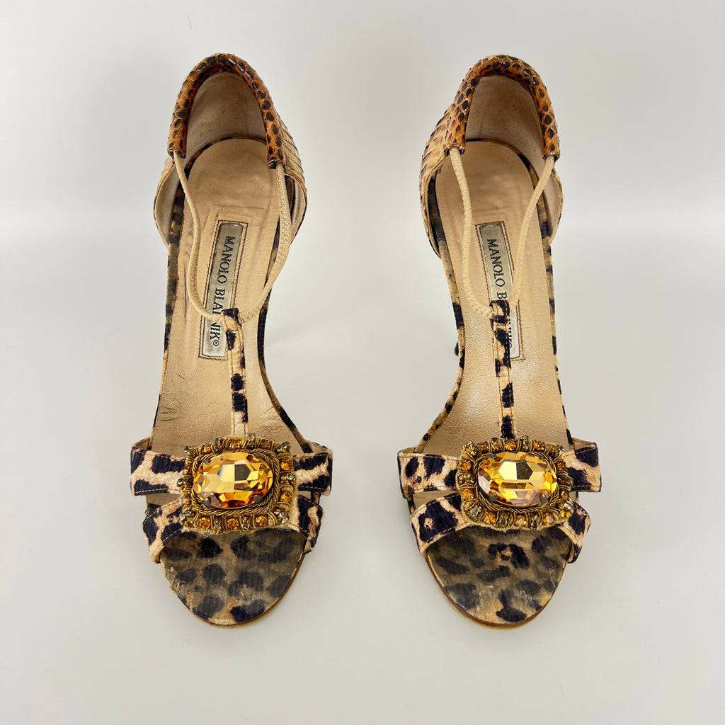 Manolo Blahnik | Drina Leopard Print Snake Leather Gold Jewel Heels (36.5)