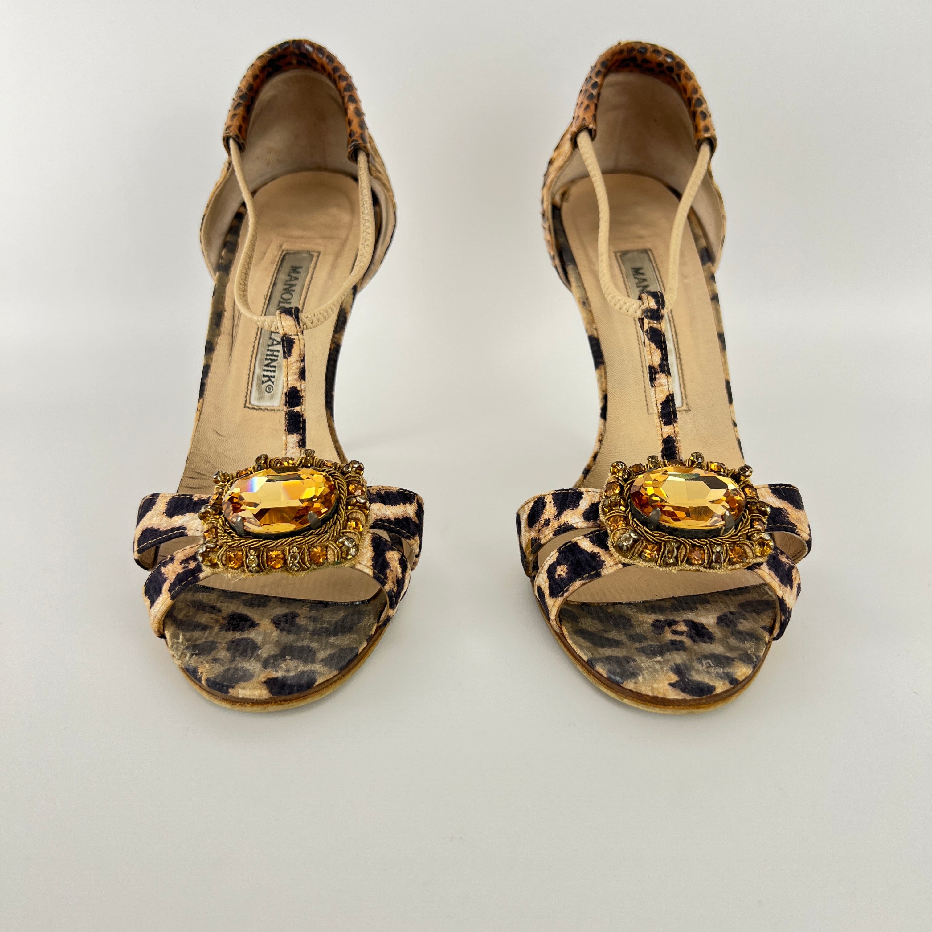 Manolo Blahnik | Drina Leopard Print Snake Leather Gold Jewel Heels (36.5)