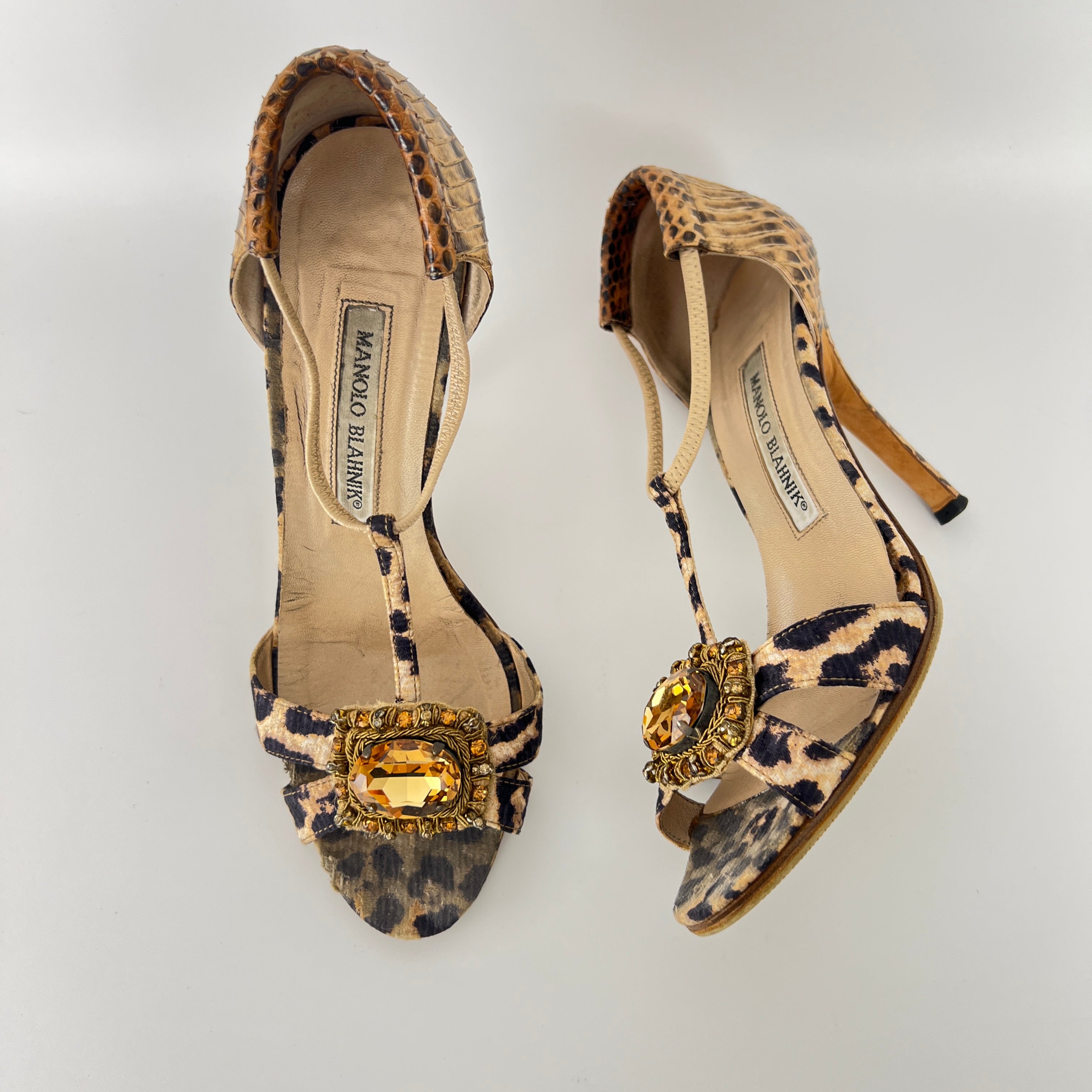 Manolo Blahnik | Drina Leopard Print Snake Leather Gold Jewel Heels (36.5)