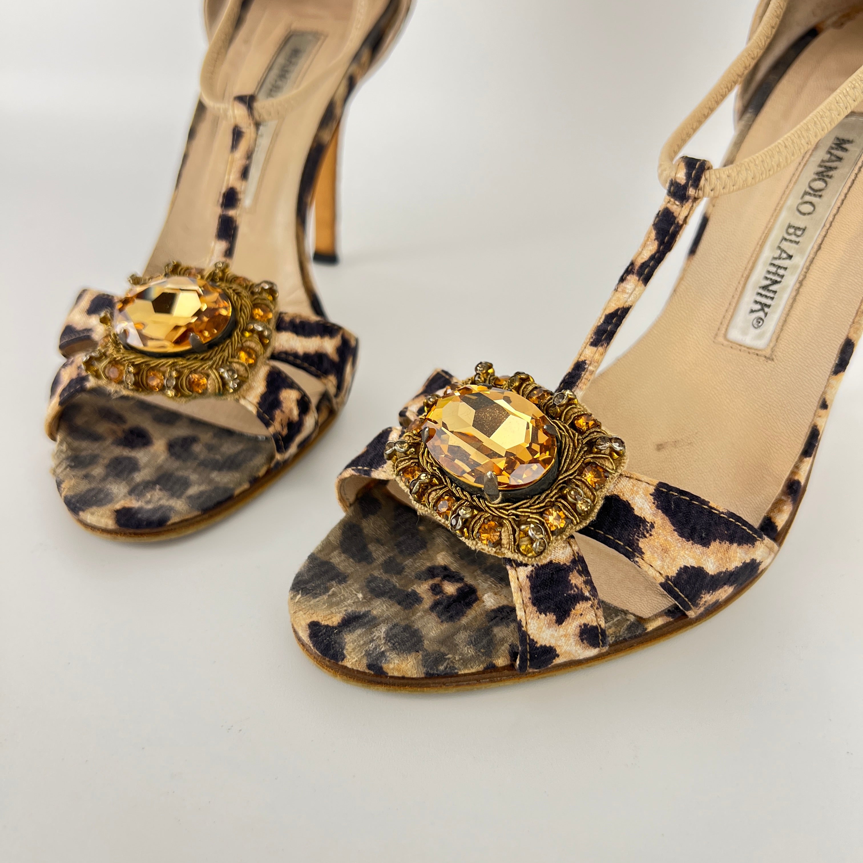 Manolo Blahnik | Drina Leopard Print Snake Leather Gold Jewel Heels (36.5)
