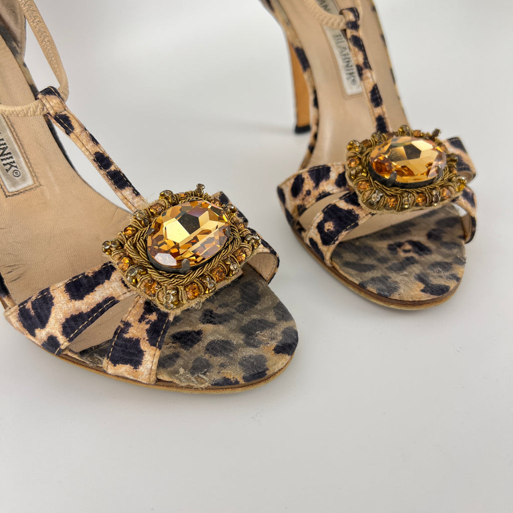 Manolo Blahnik | Drina Leopard Print Snake Leather Gold Jewel Heels (36.5)