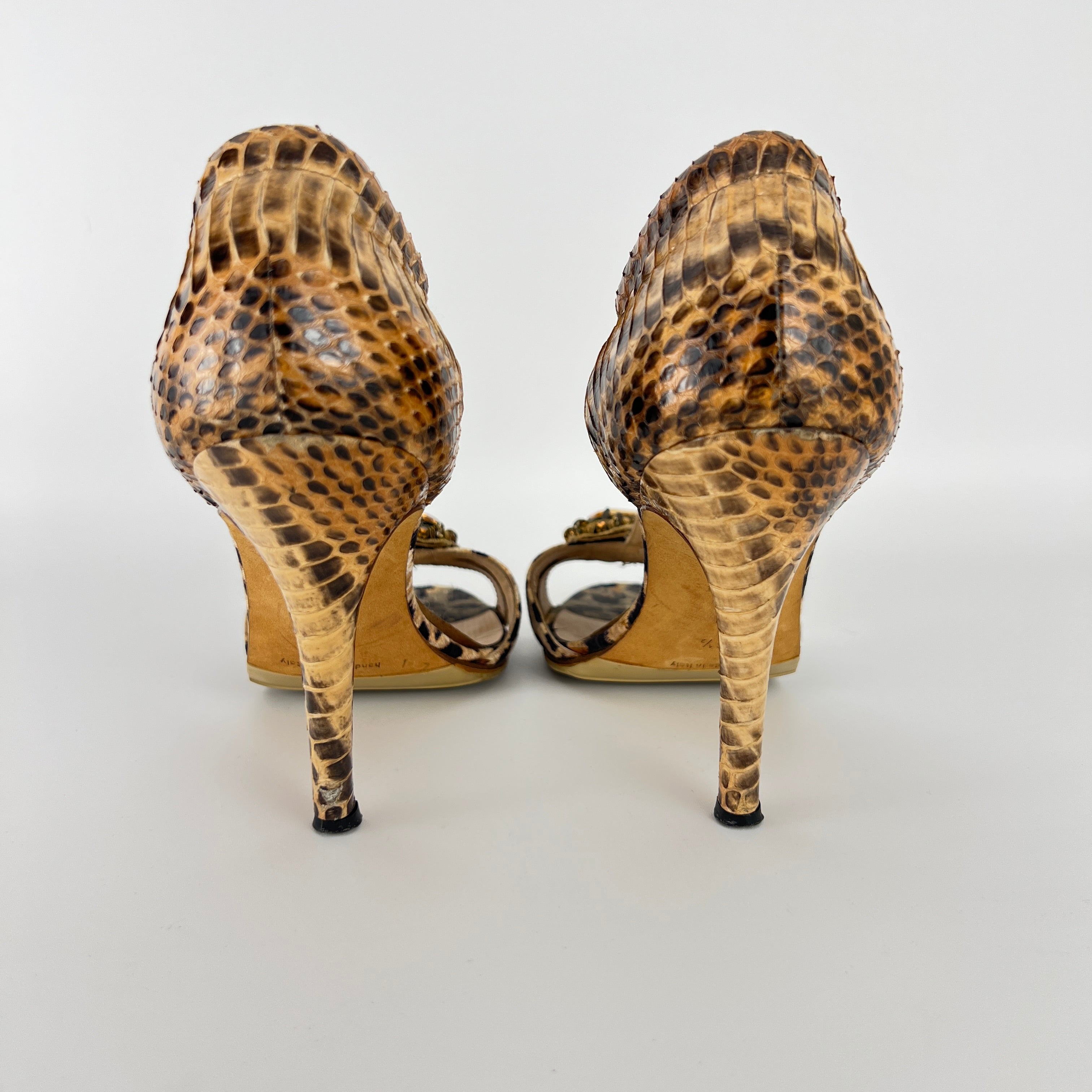 Manolo Blahnik | Drina Leopard Print Snake Leather Gold Jewel Heels (36.5)