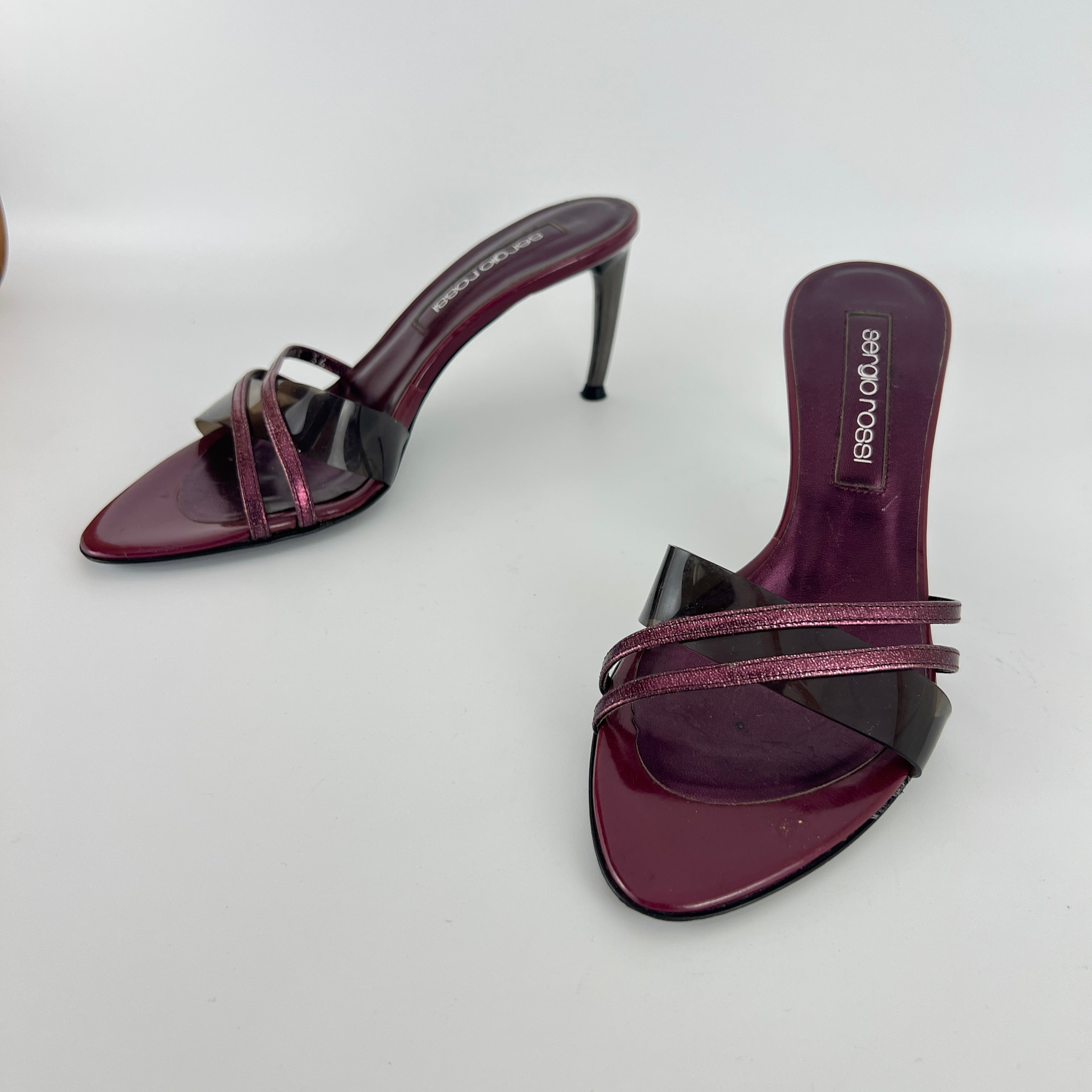 Sergio Rossi | Metallic Purple PVC Strap Silver Heel Mules (36)