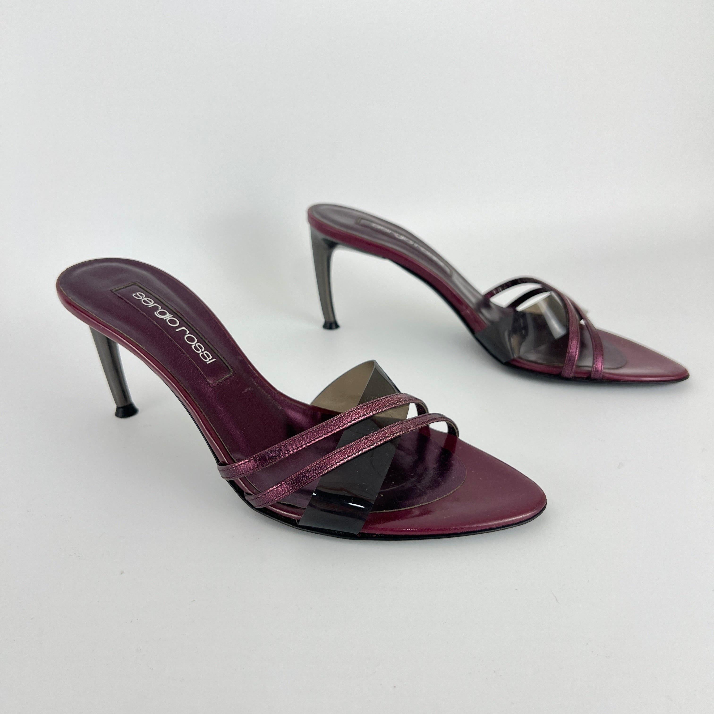 Sergio Rossi | Metallic Purple PVC Strap Silver Heel Mules (36)